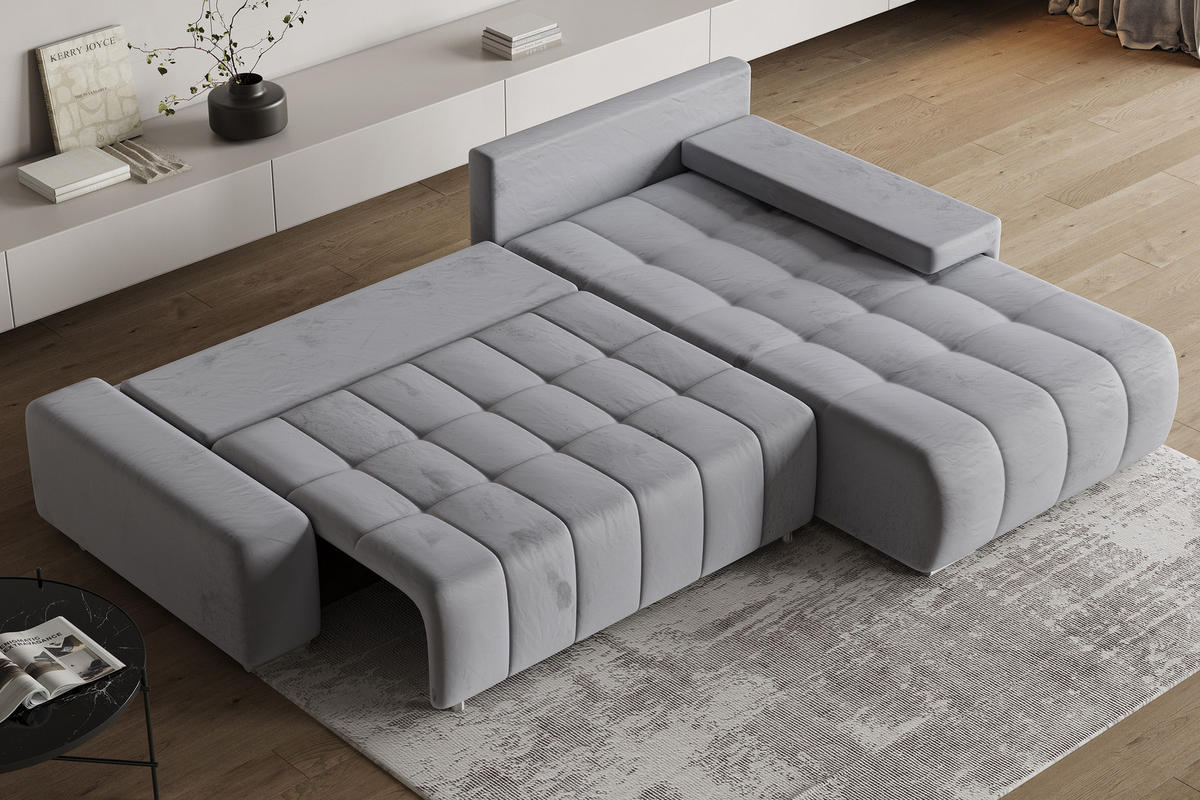 ECKSOFA ALESE R-S Hellgrau Velours-Stoff mit Schlaffunktion - Hellgrau, Holz (265/185cm) - MASSENO