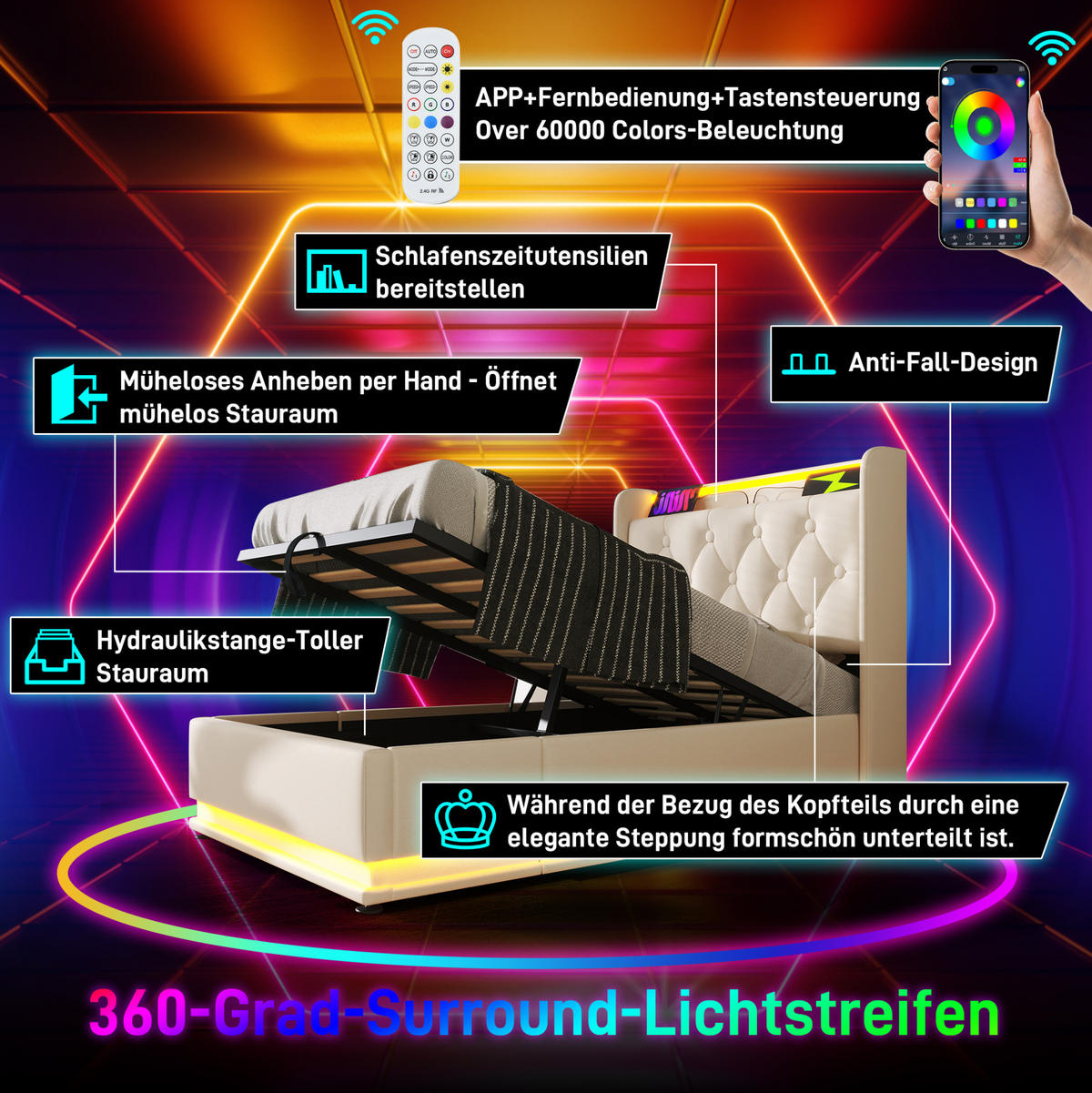 POLSTERBETT 90/200 cm Weiß aus PU mit LED, Stauraum und Matratze - Weiß, Kunststoff (90/200cm) - OKMYHOME