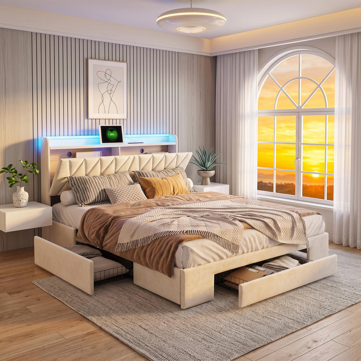 POLSTERBETT 140x200 cm mit 3 Schubladen, bett 140x200 mit USB und LED, Stauraum, Lattenrost, Samt, Beige - Beige, Holz/Textil (140/200cm) - GENKI LIVING