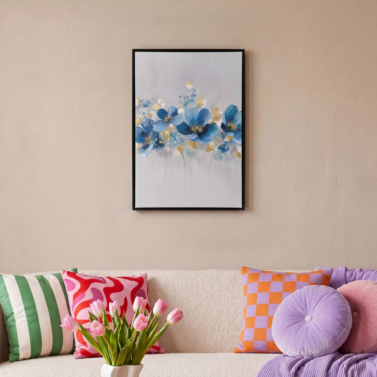 LEINWAND Bilder mit Rahmen - Blumen - Blau - Abstrakt - 40x60 - Hellgrau, Textil (40/60cm) - MuchoWow