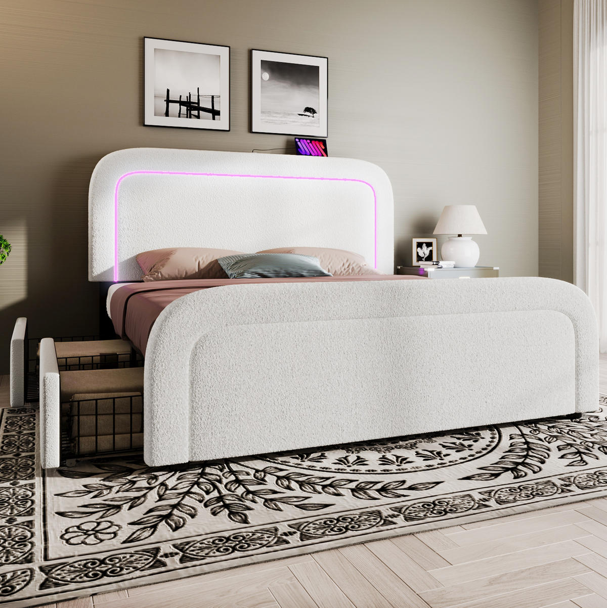 POLSTERBETT mit Matratze 140/200 cm aus Sherpa mit USB-C, LED und 4 Schubladen Weiß - Weiß, Fell (140/200cm) - Modenvie