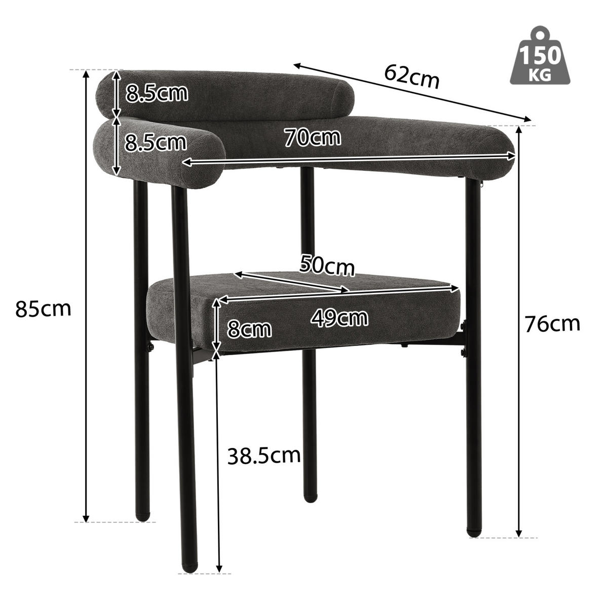 SESSEL ergonomisch ca. 70 x 62 x 84 cm Dunkelgrau Eisen 4er-Set - Dunkelgrau, Metall (62/84/70.2cm) - Meubliv