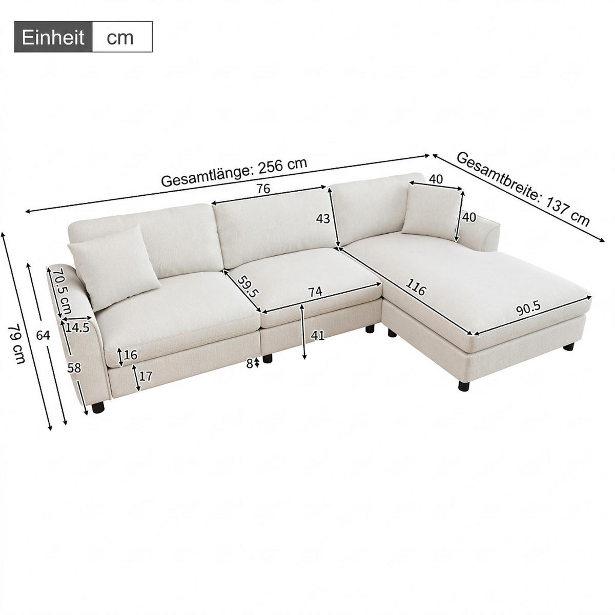 ECKSOFA 256/137/79 cm Beige mit umstellbarer Liegeelement - Beige, Textil/Metall (256/137cm) - Oxeza