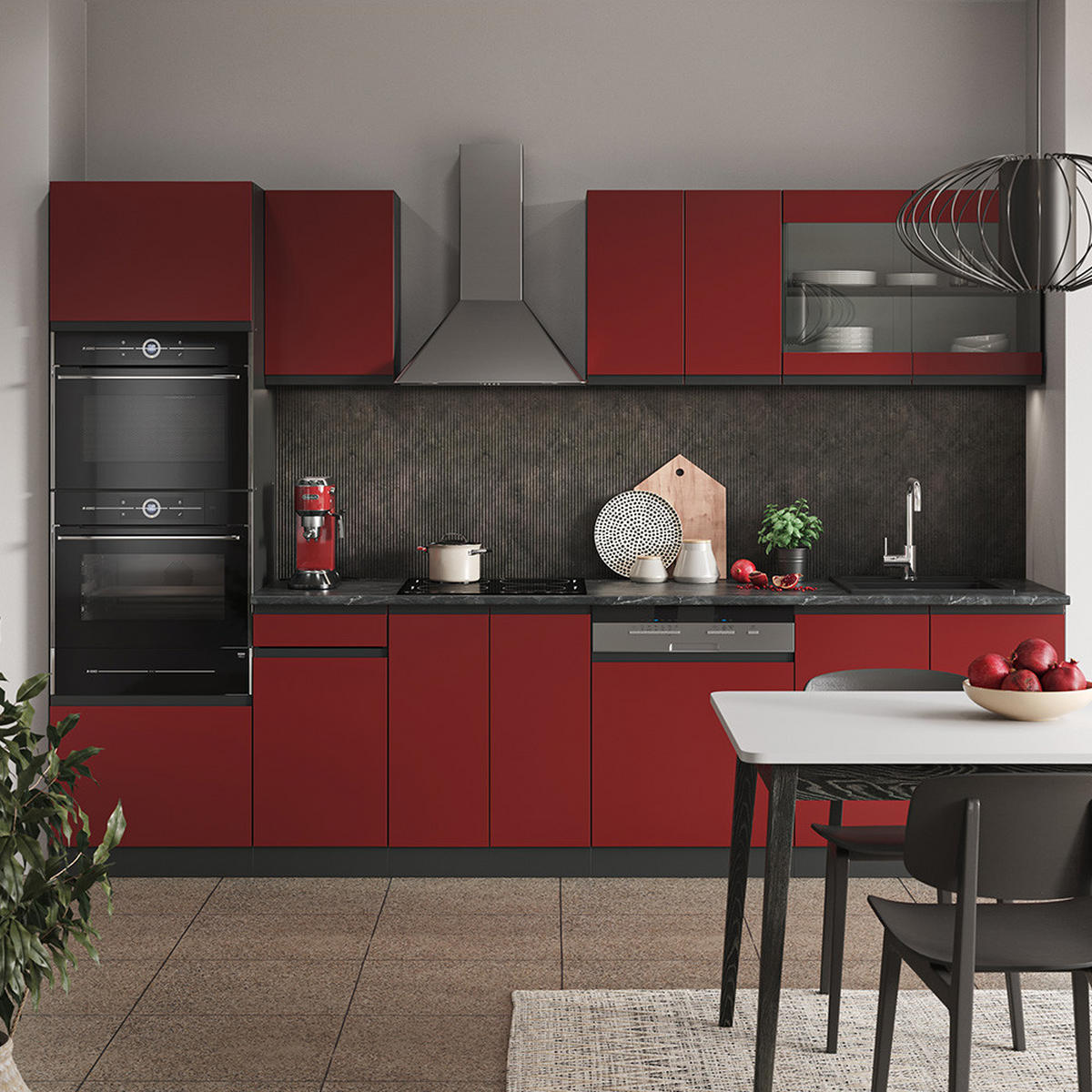 KÜCHENZEILE R-Line Rot/Anthrazit 300 cm mit Hochschrank, AP Eiche - Anthrazit/Rot, Holzwerkstoff (300/81.6/60cm) - Vicco