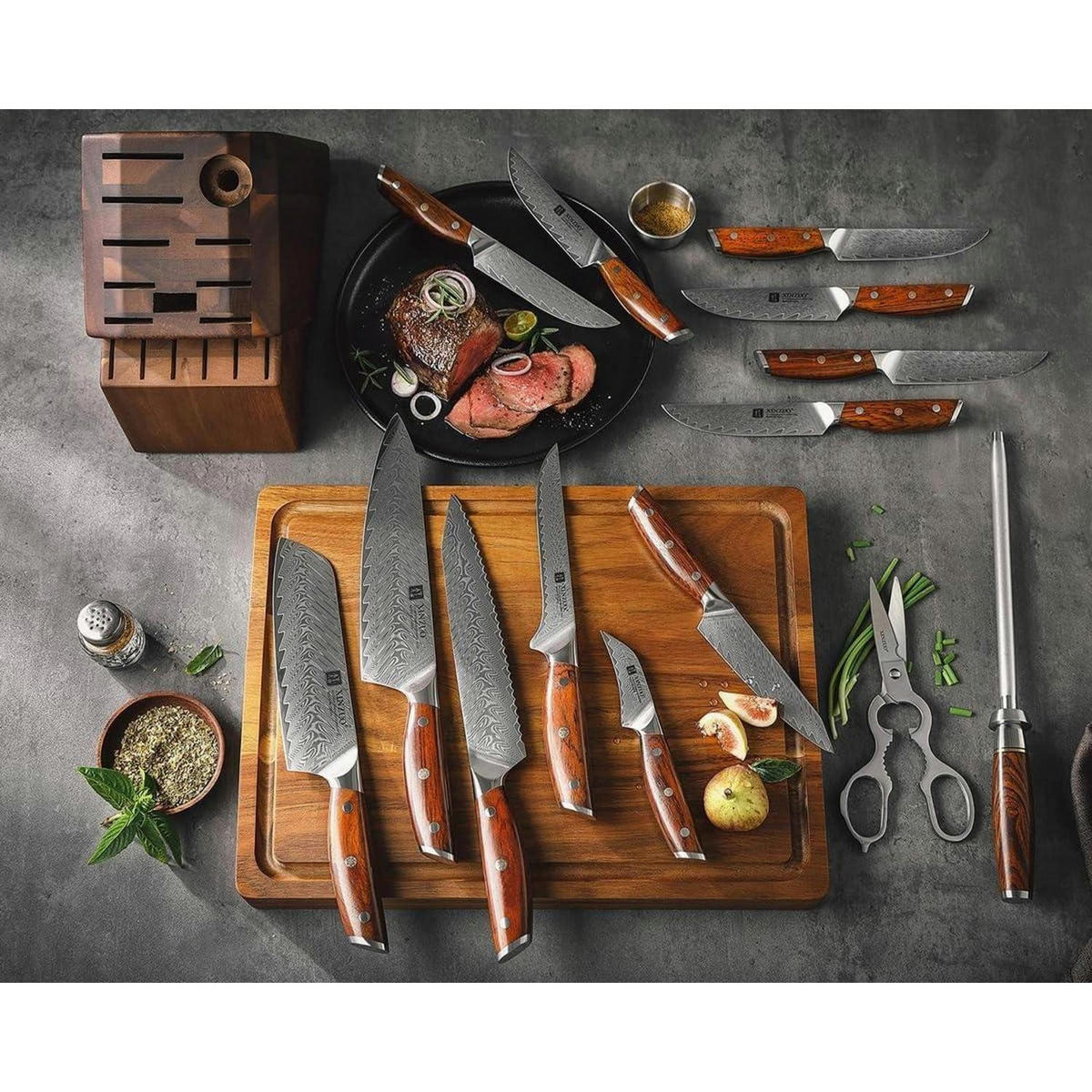 KÜCHENMESSER Set 15-teilig mit Messerblock Akazienholz - Braun, Holz (20/31/40cm)