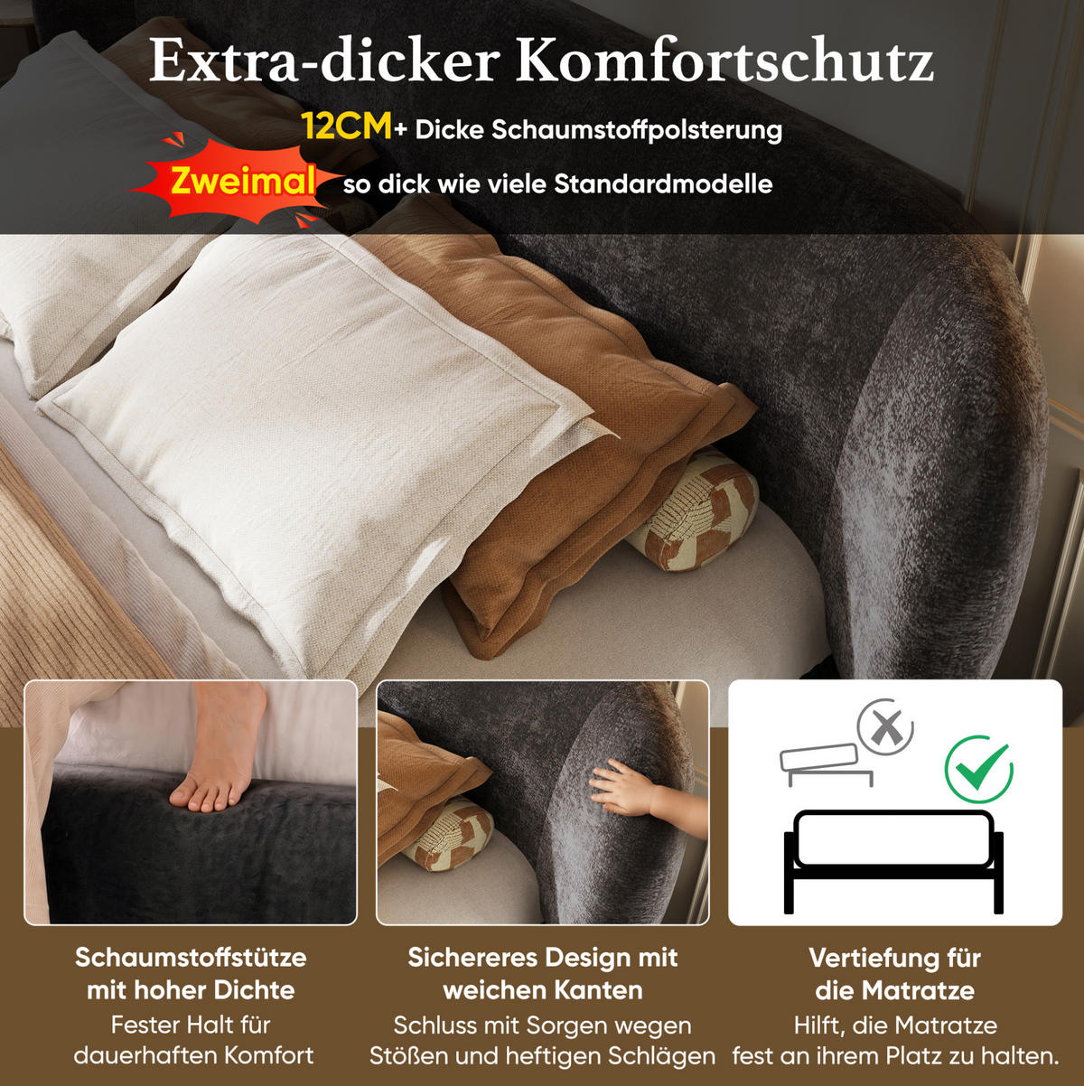 POLSTERBETT aus Chenille 140x190 cm Grau mit Lattenrost und gepolstertem Kopfteil - Grau, Textil (140/190cm) - Modfu