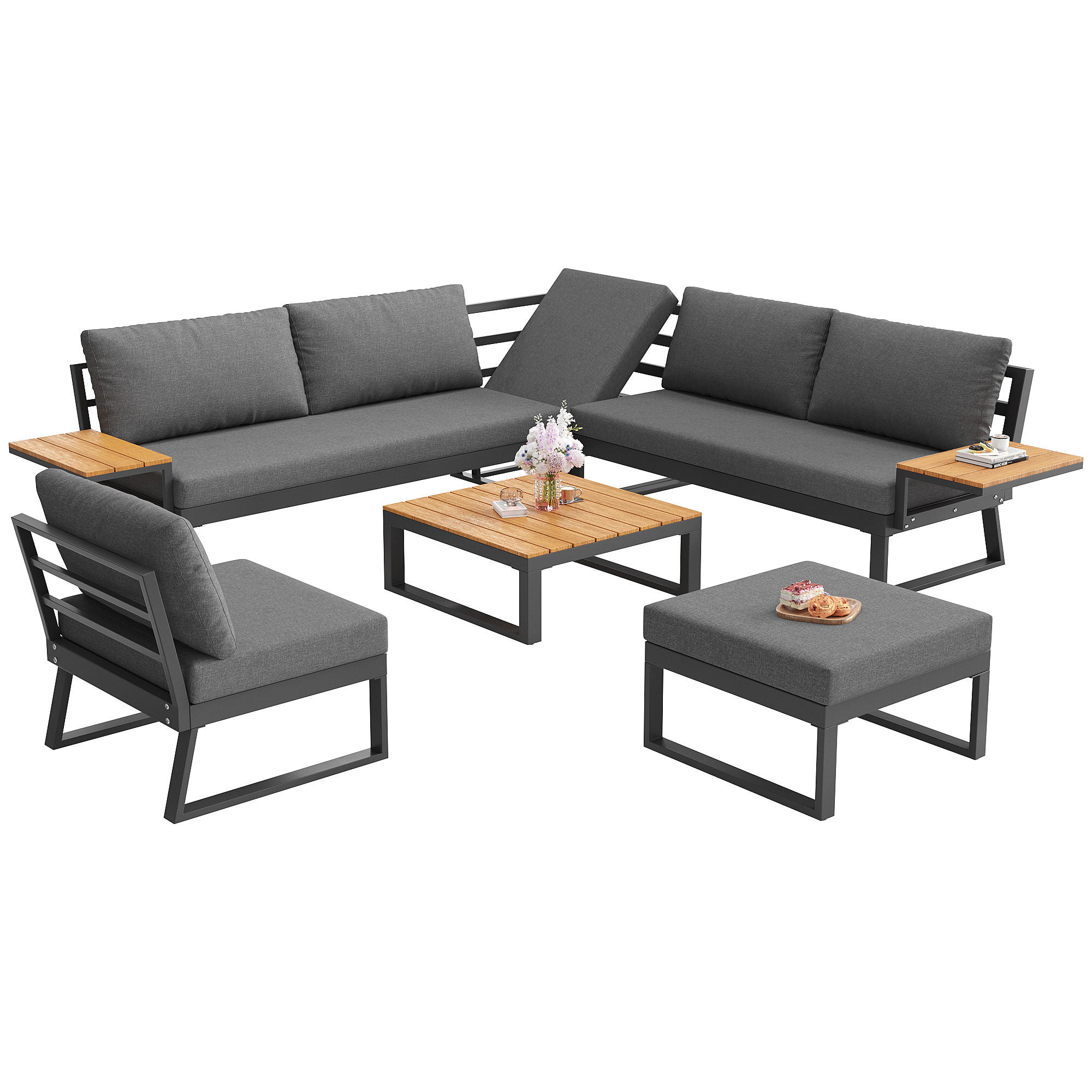 GARTEN-LOUNGE-SET 7-Sitzer mit Eisengestell, Holzarmlehnen & WPC-Tisch, 110/62/75 cm, Grau - Grau, Metall - Redom