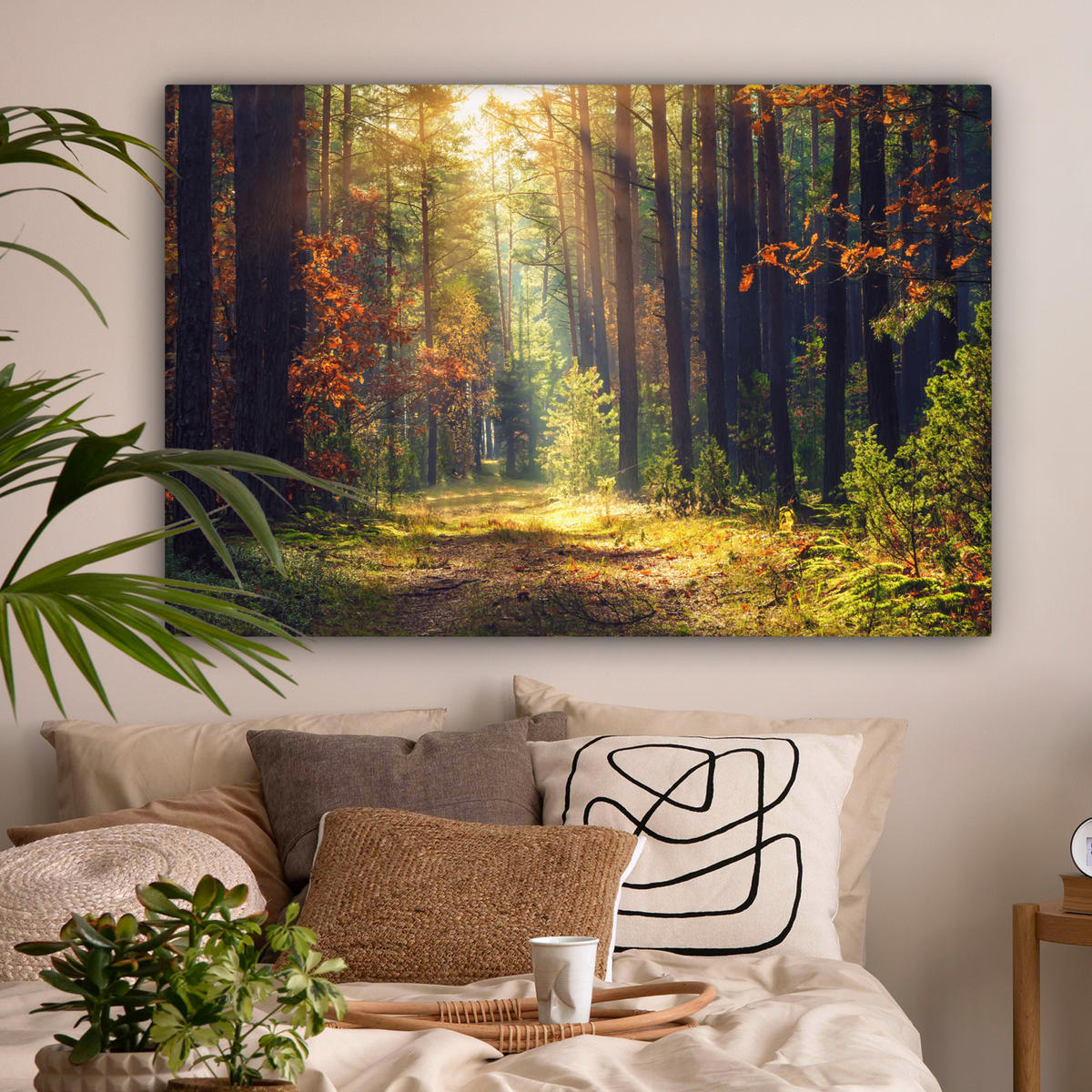 LEINWANDBILD Wald - Herbst - Bäume Wohnzimmer 120x80 cm - Dunkelgrün, Textil (120/80cm) - MuchoWow
