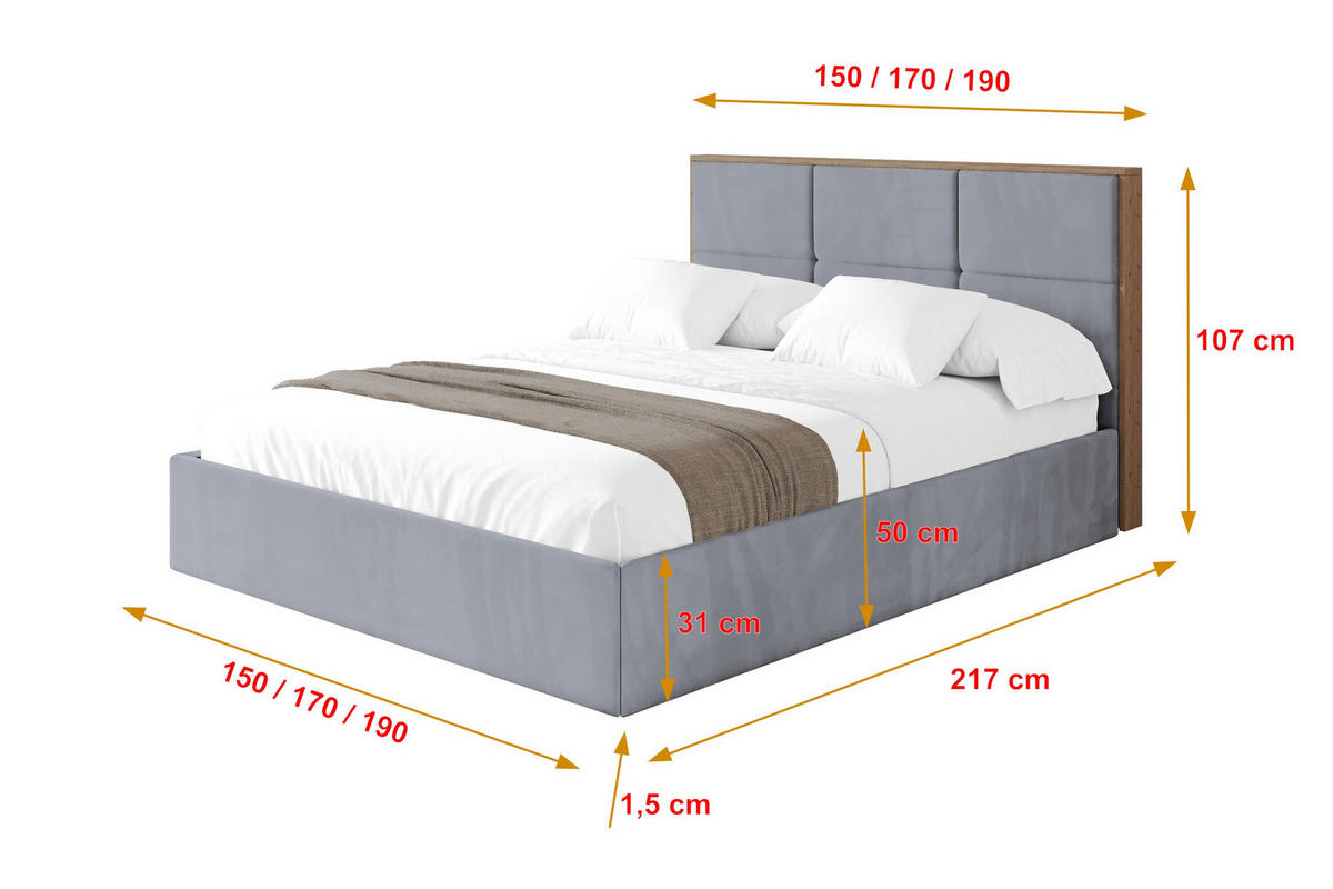 POLSTERBETT mit Bettkasten und Lattenrost, Bett mit Matratze H3/H4 - LILA 140x200 Grau - Grau, Holzwerkstoff/Textil (140/200cm) - ALTDECOR