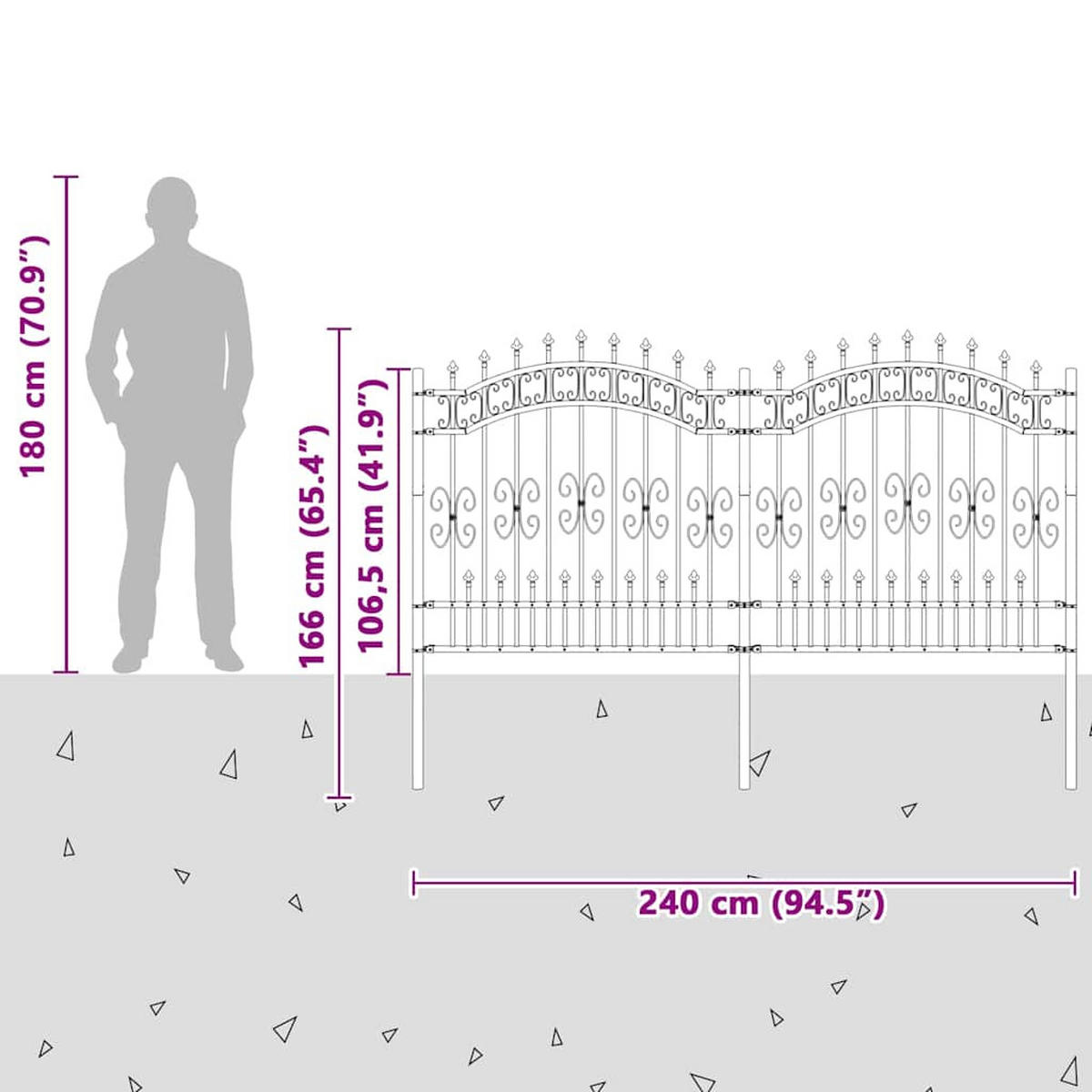 GARTENZAUN mit Speerspitze, 240/125 cm, aus Pulverbeschichteter Stahl, Schwarz - Schwarz, Metall (240/140cm) - vidaXL