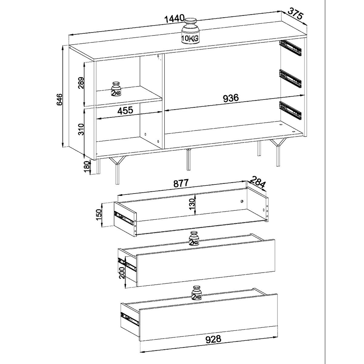 SIDEBOARD ORILLIA KOM1-1D3S Fräste Fronten, Schwarz - Schwarz, Holzwerkstoff/Kunststoff (144/83/38cm) - Komodee