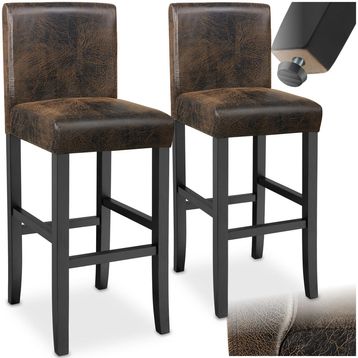 BARHOCKER 2er Set Kunstleder, Sitzhöhe 76 cm, antikbraun - Anthrazit/Braun, Leder/Holz (40/107/41cm) - tectake