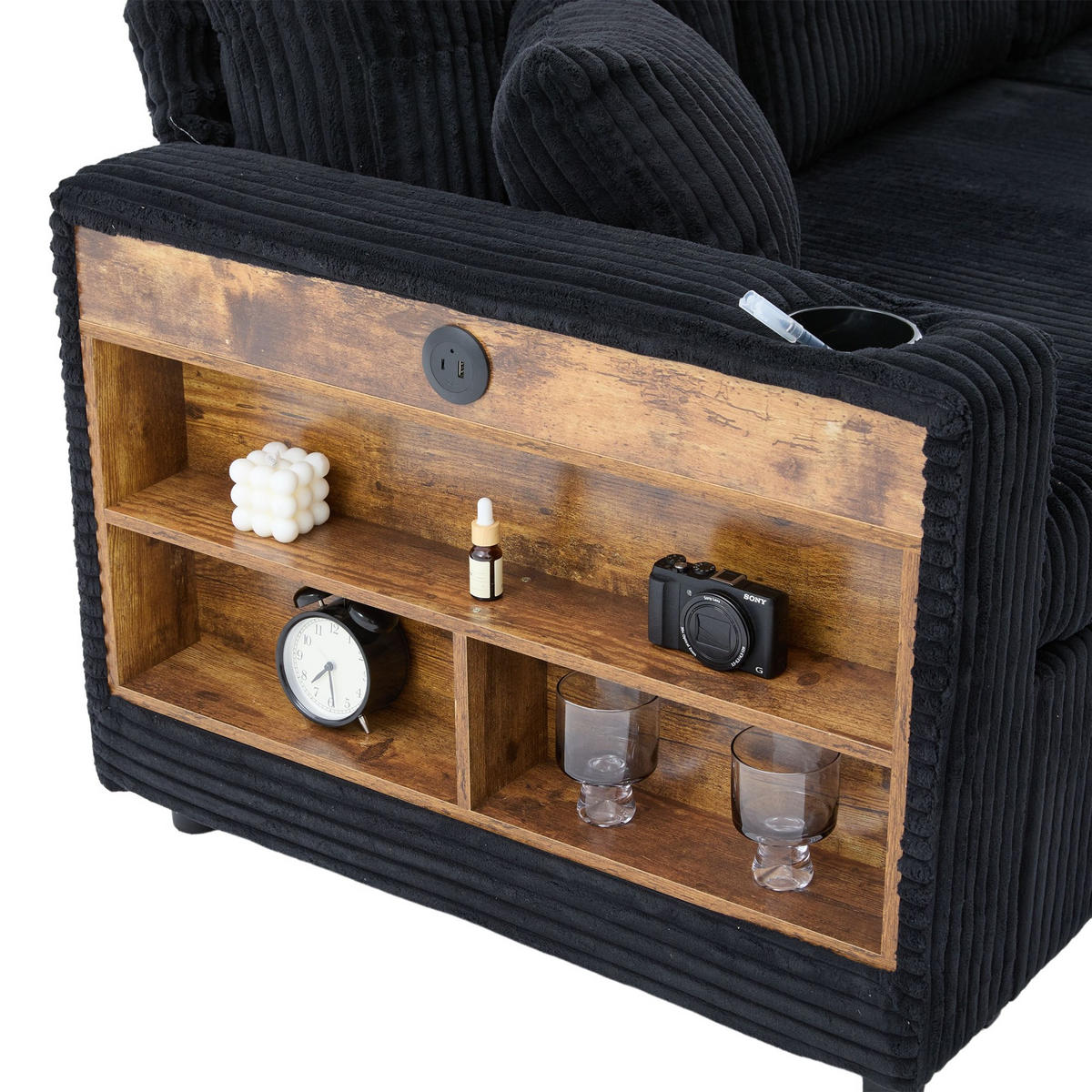 SCHLAFSOFA 3-er Sofa mit Schlaffunktion,Aufbewahrungshocker,Cord,Schwarz - Schwarz, Textil (196/85/119cm) - LVHOM