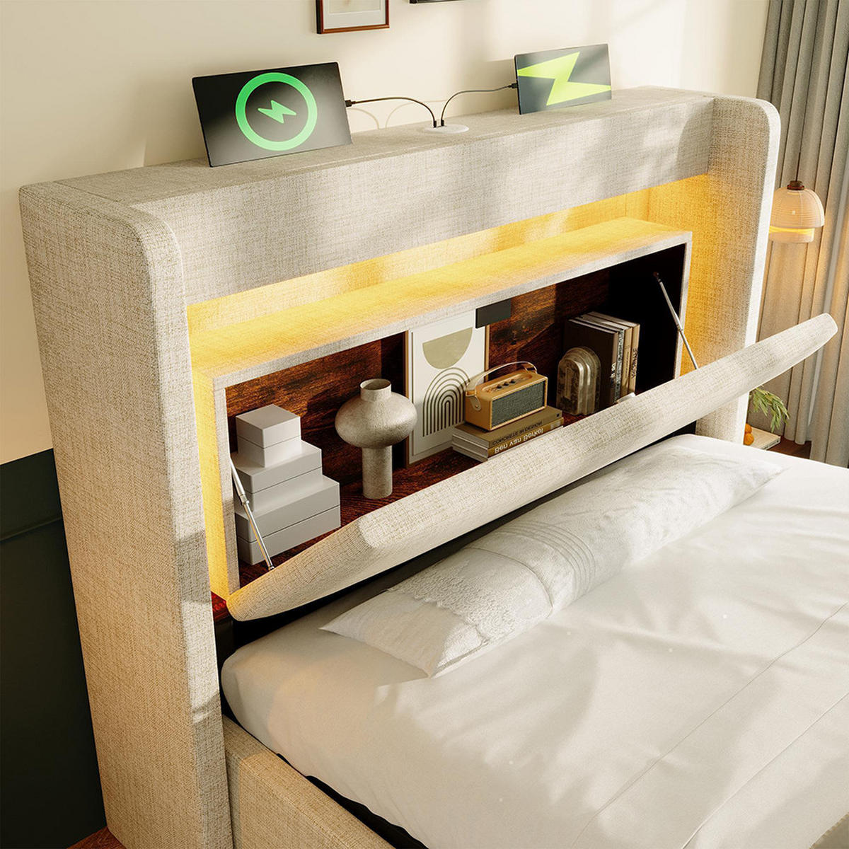 POLSTERBETT 90x200 cm Mit Matratze,Leinen in Beige - Beige, Textil (90/200cm)