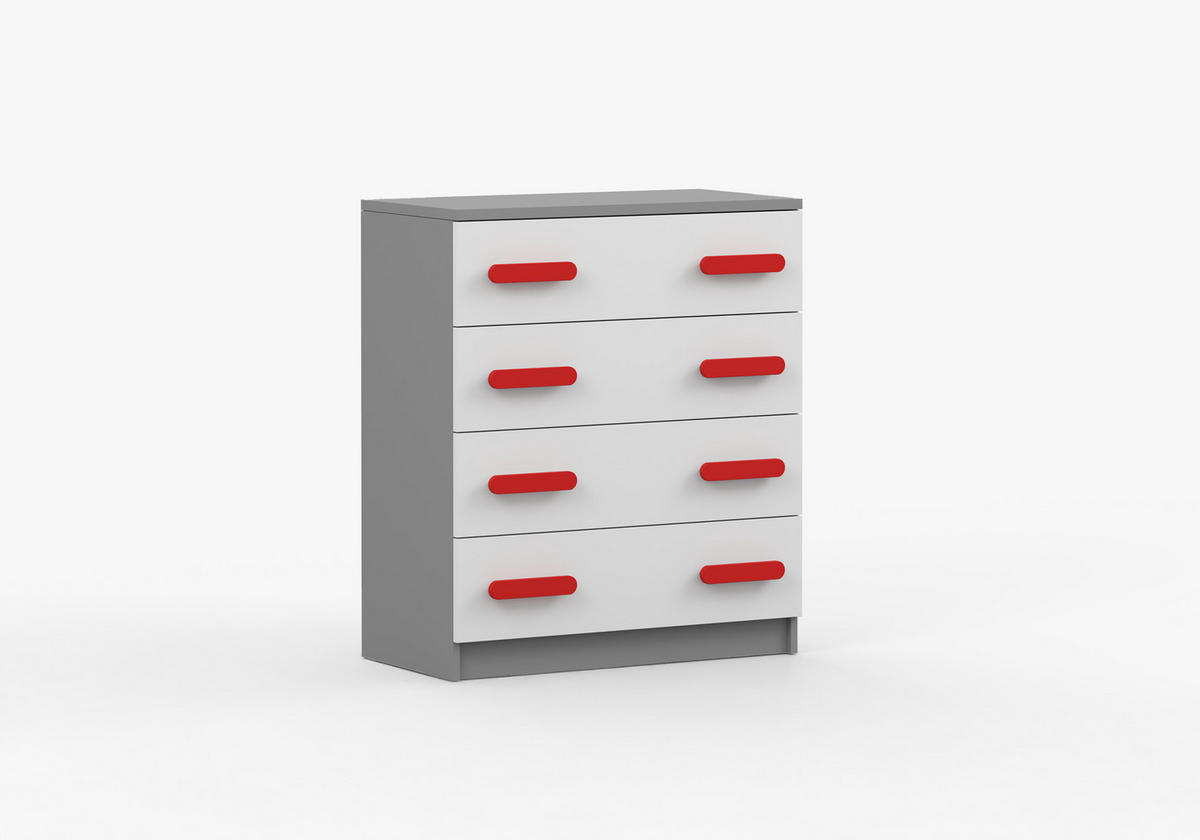 JUGENDZIMMER Elora in Grau und Weiß – 4-teiliges Set mit Schreibtisch, Kommode, Wandregal und Schrank – Grifffarbe Rot - Grau, Holzwerkstoff (80/200/120cm)