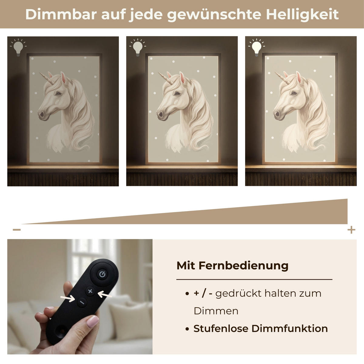 NÁSTĚNNÁ LAMPA S AKUMULÁTOREM Jednorožec - bílý - tečky 40x60 cm - šedohnědá, kompozitní dřevo (40/60/8cm) - OnlyWow