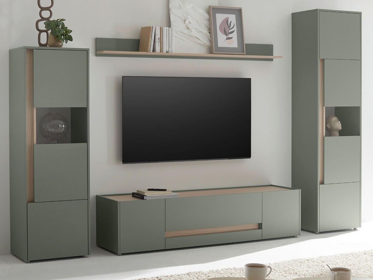 WOHNWAND Set 4-teilig 310 cm, Salbei grün, Eiche Barista, Komplettset mit viel Stauraum - Salbeigrün/Eichefarben, Glas/Holzwerkstoff (310/197/45cm) - Furn.Design