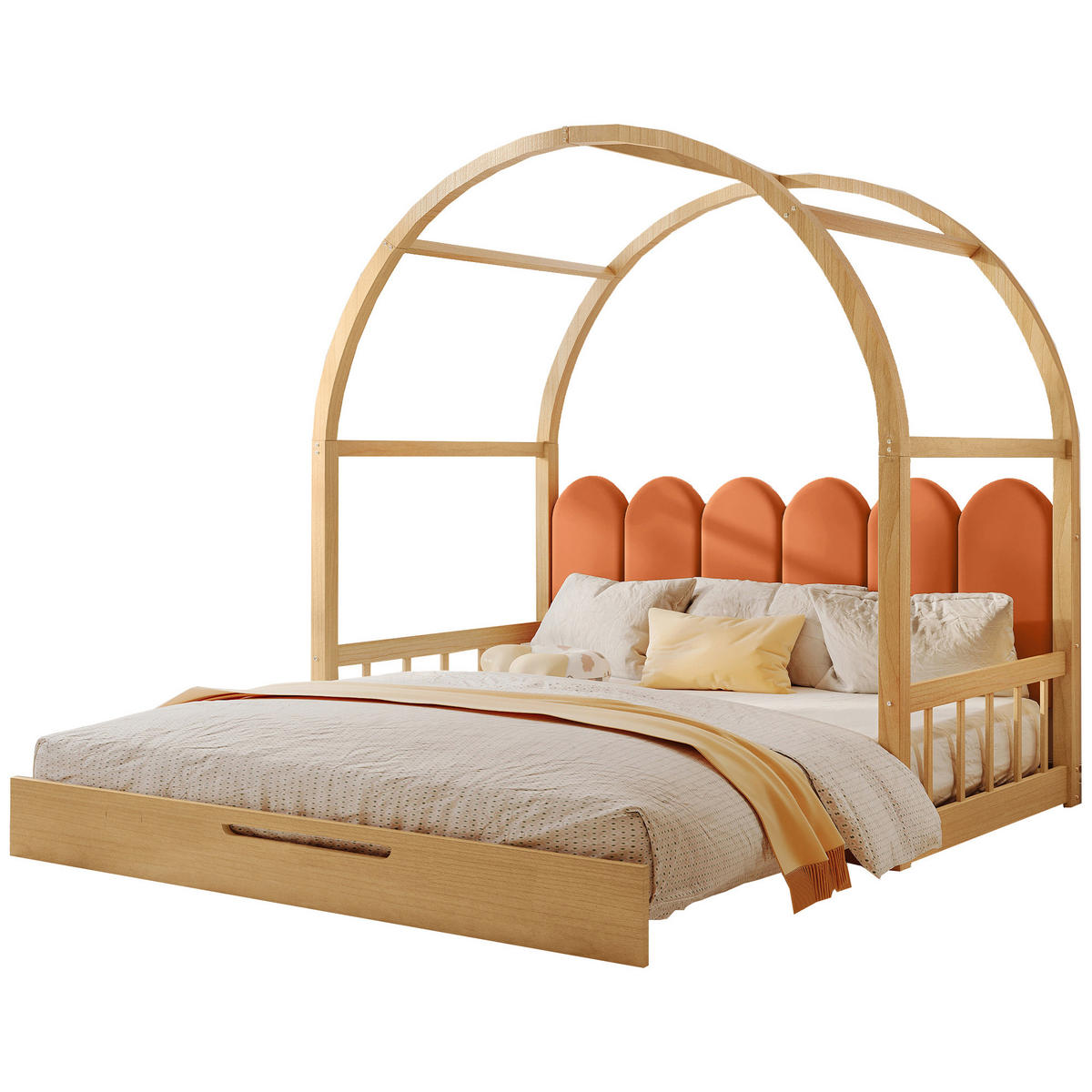 AUSZIEHBETT 140/100 und 140/200 cm Natur gewölbtes Hausbett aus Kiefer mit Kissen - Naturfarben, Holzwerkstoff (140/200cm) - OKWISH