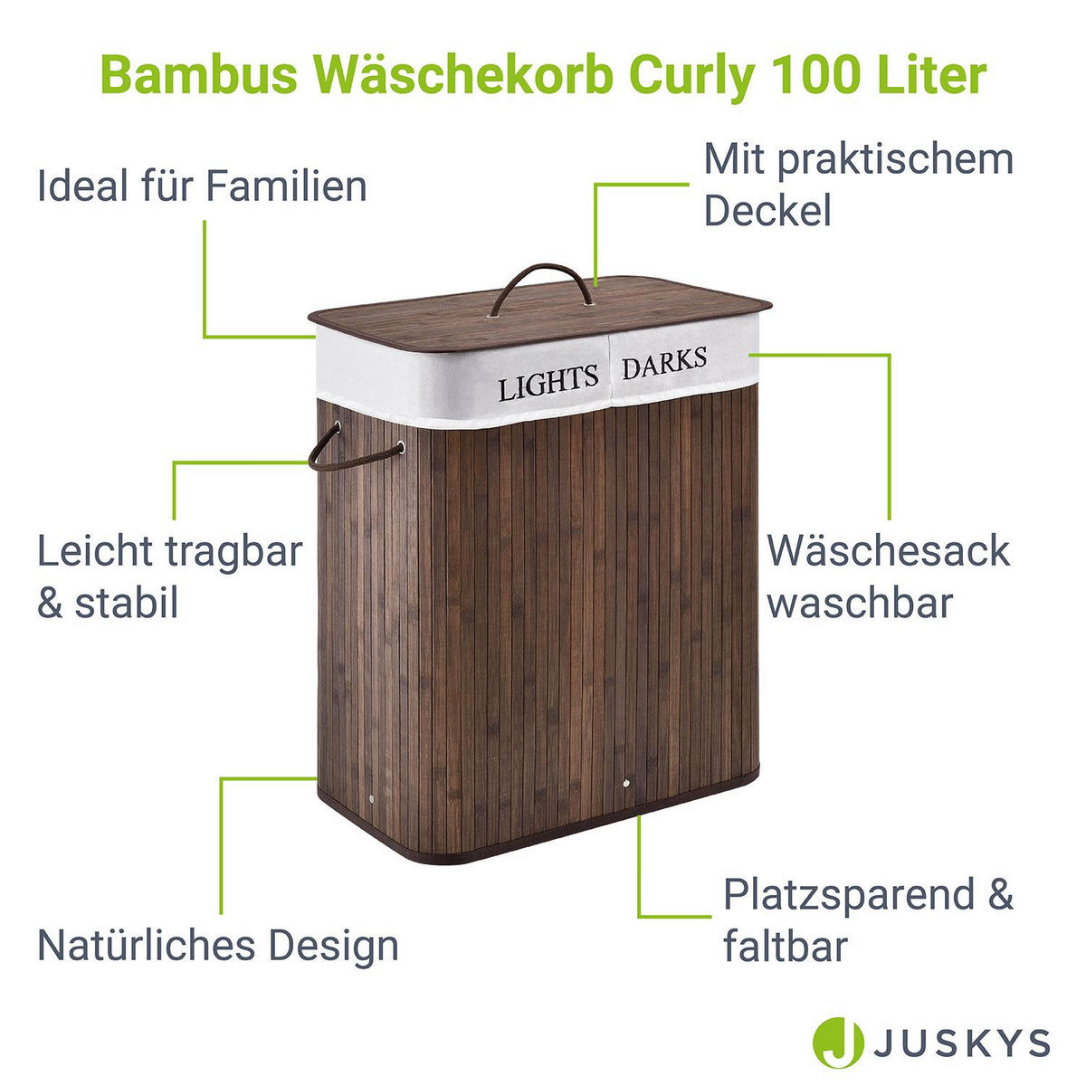WÄSCHEKORB Curly 100 L braun - Braun, Holz (52/63/32cm) - Juskys
