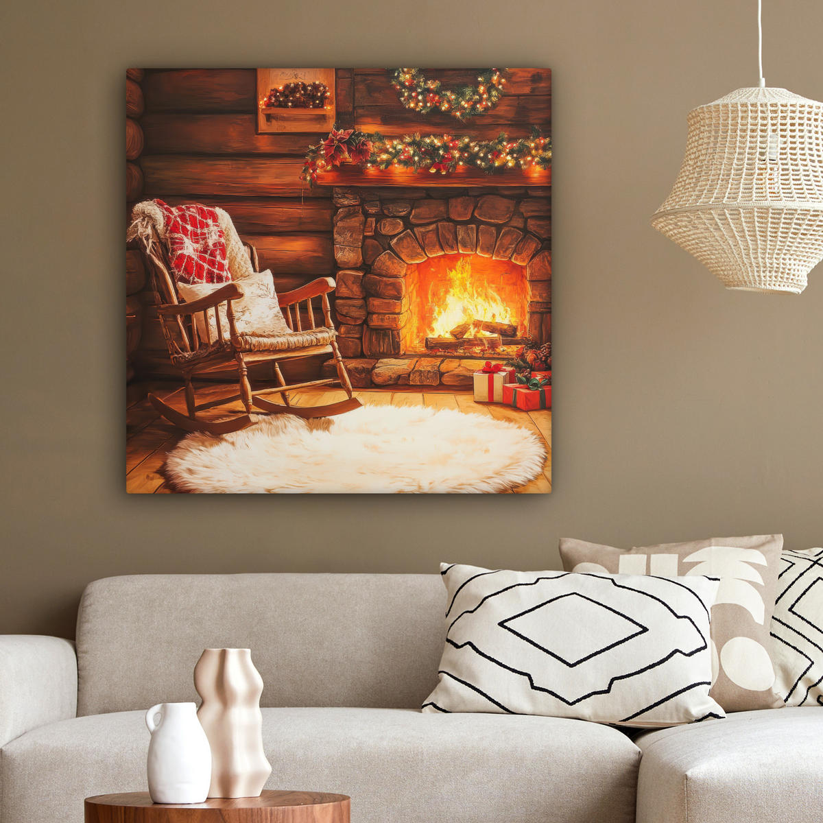 LEINWANDBILD Winter - Weihnachten - Zuhause - Kamin 90x90 cm - Bernsteinfarben, Textil (90/90cm) - MuchoWow