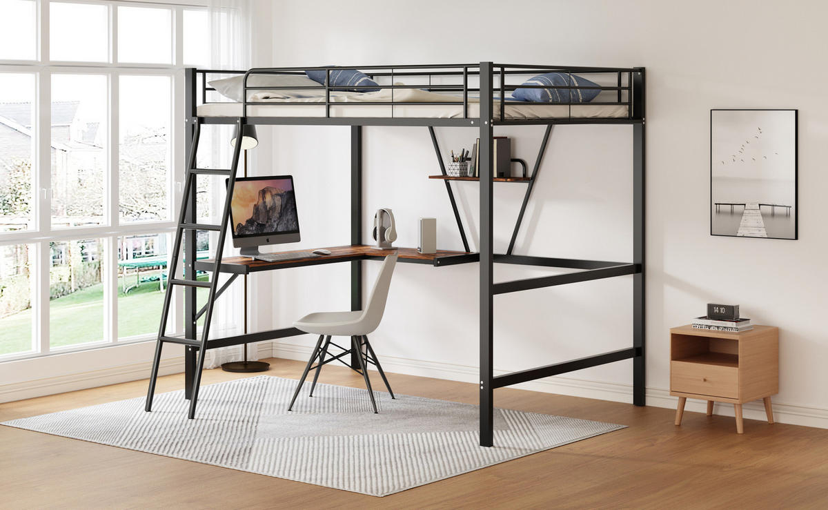 HOCHBETT mit Schreibtisch 90/200 cm in Schwarz – mit Regal und Rausfallschutz - Schwarz, Metall (90/200cm) - BEAOK