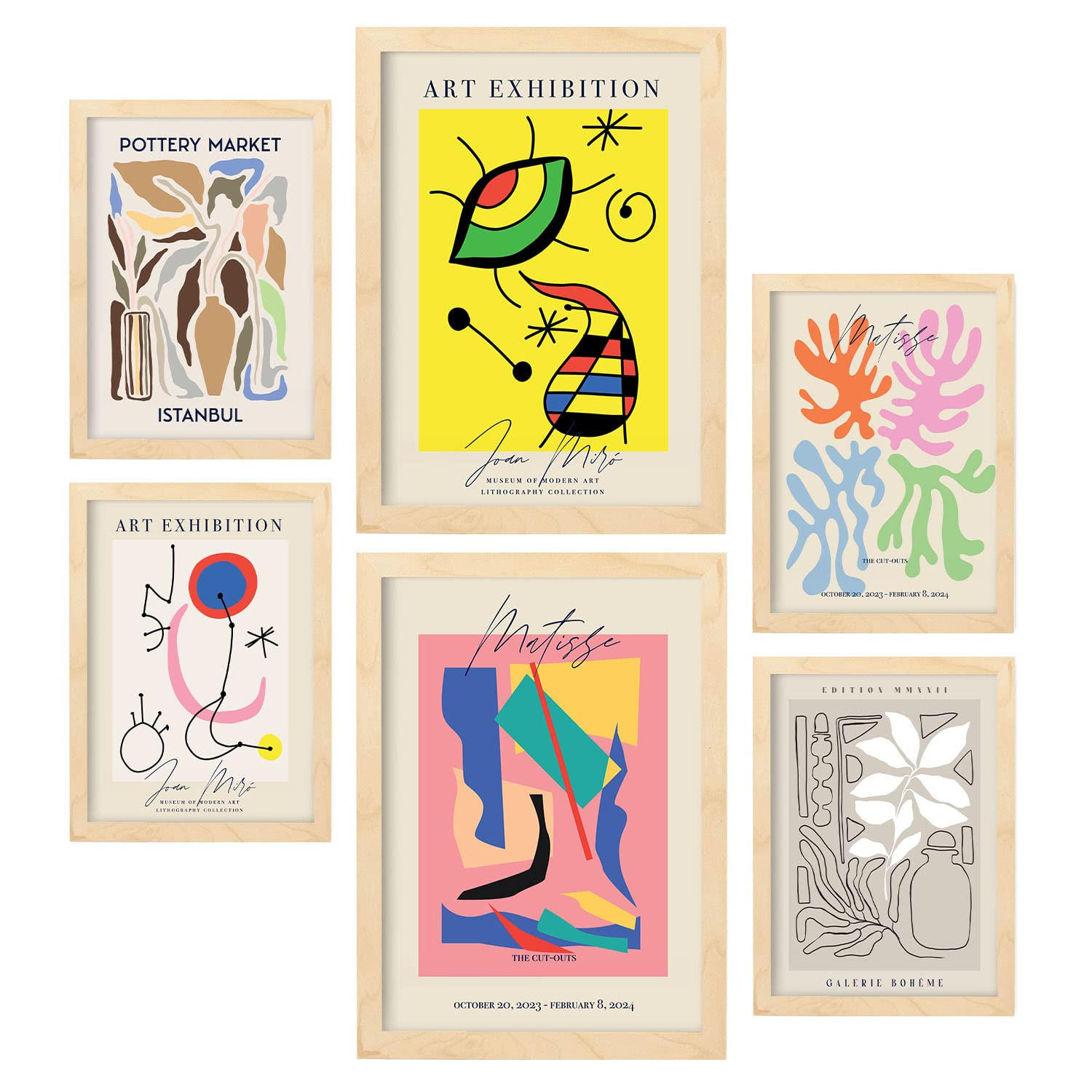 POSTER Set Mit 6 Abstrakten Kunst Sammlung A3 & A4 Rahmen Aus Hellem Holz - Beige, Papier (29/3cm) - Nacnic