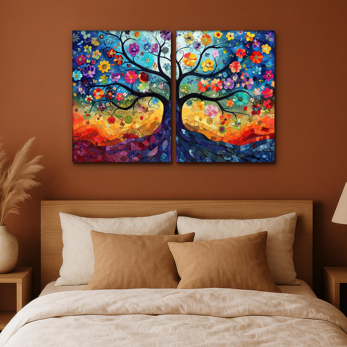 LEINWANDBILD 2er Set Bunt - Baum des Lebens - Blumen - Abstrakt 100x70 cm - Blau, Textil (100/70cm) - MuchoWow