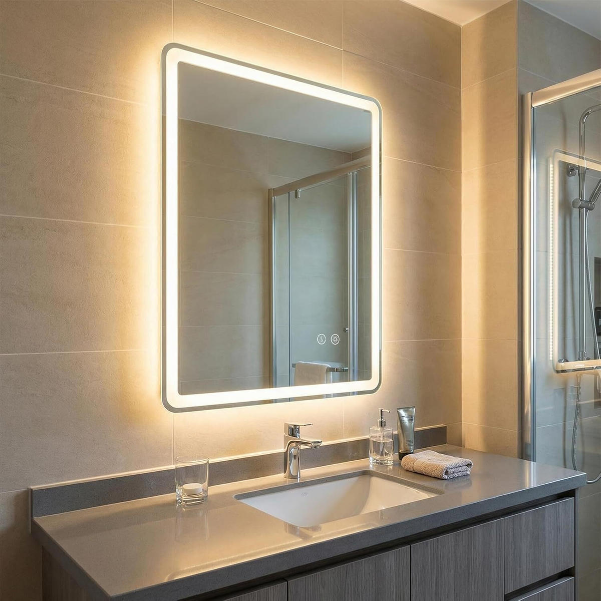 BADSPIEGEL mit LED Beleuchtung silber - Silberfarben, Glas (50/70/3cm) - COSTWAY