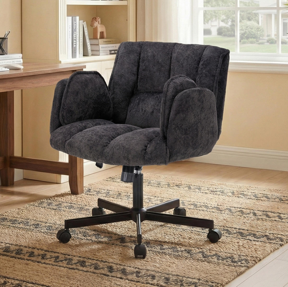 BÜROSTUHL in Schwarz 68x60x86 cm mit klappbaren Armlehnen und verstellbarer Lendenstütze - Schwarz, Textil (60/86/68cm) - IVMEU