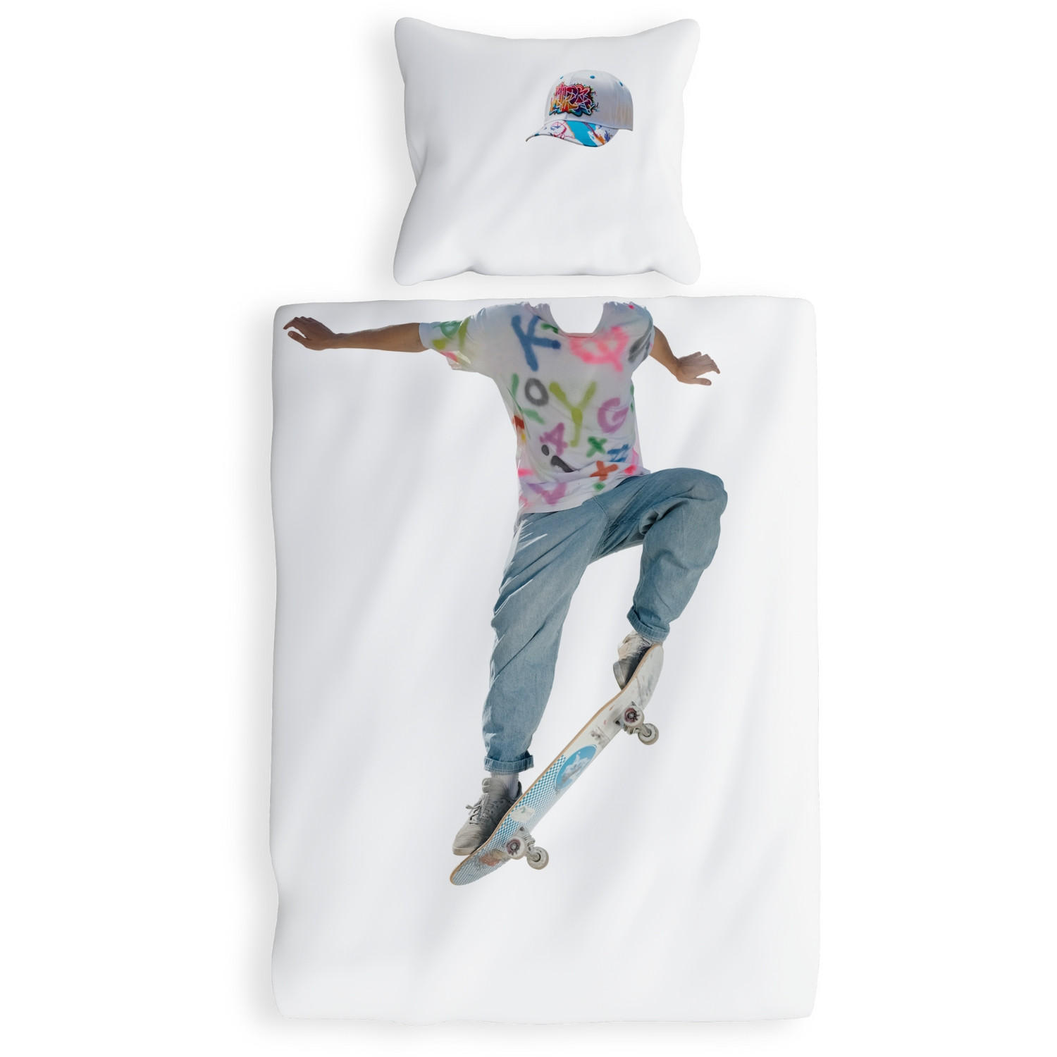 KINDERBETTWÄSCHE 135x200 Skater aus 100% Baumwolle - Dein Gesicht vervollständigt das Design der Kinder Bettwäsche - Weiß, Textil (135/200cm) - Carpe Sonno