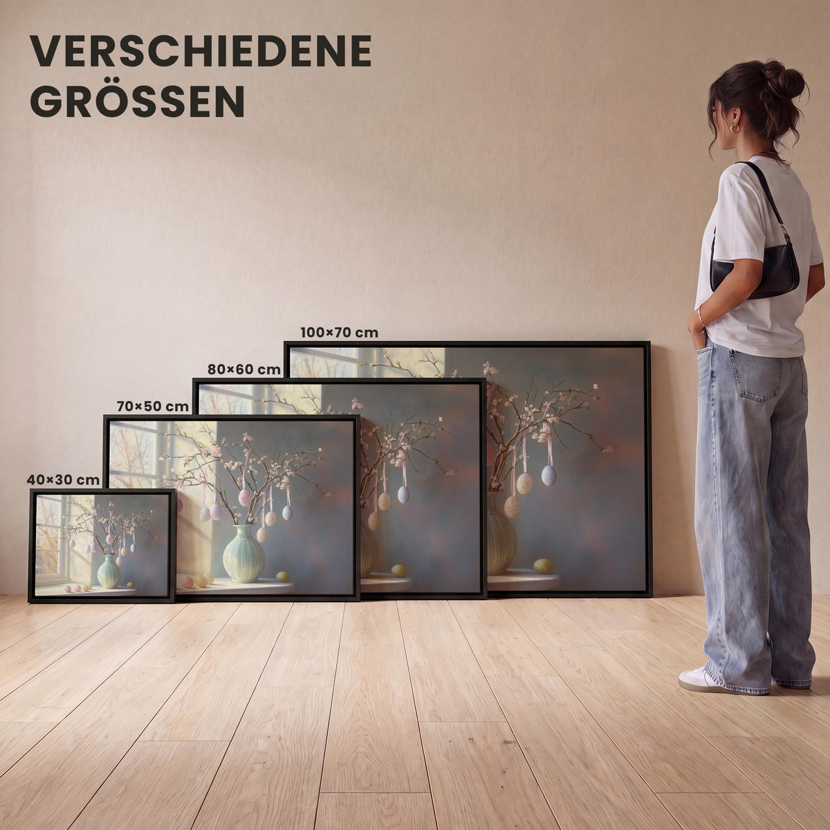 LEINWAND Bilder mit Rahmen - Stillleben - Vase - Osterzweig - 80x60 - Hellblau, Textil (80/60cm) - MuchoWow