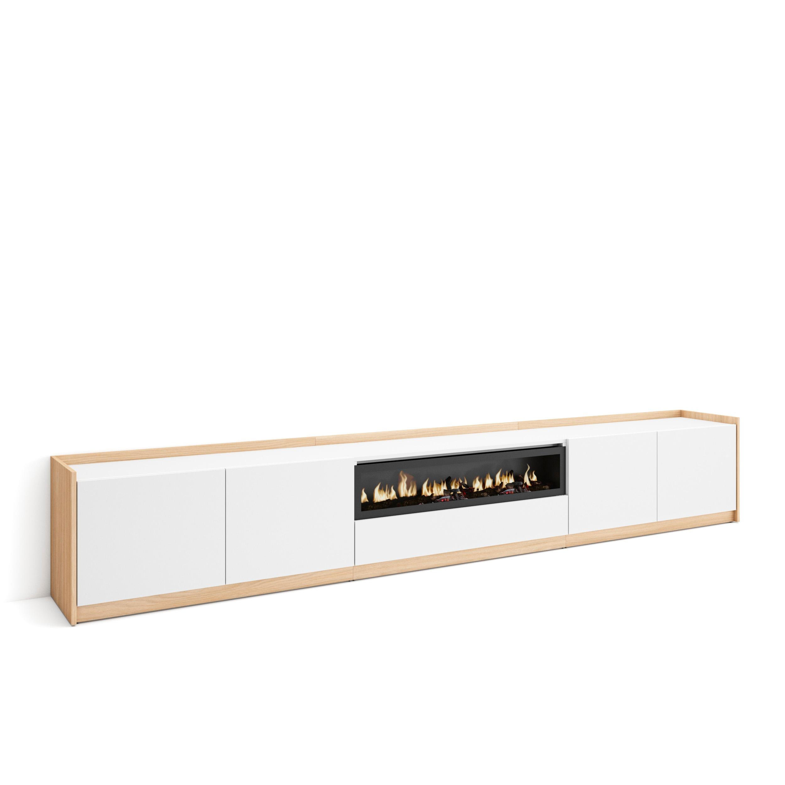 TV-SCHRANK, Lowboard, Weiß und Eiche Soft, Elektrokamin, 310/37/50cm - Weiß, Holzwerkstoff (310/50/37cm) - Skraut Home