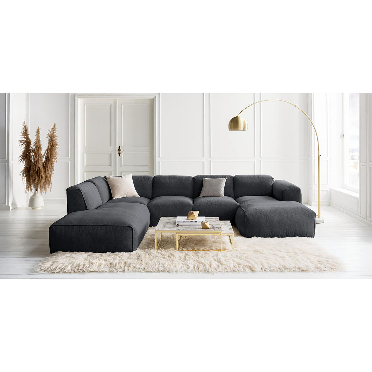 WOHNLANDSCHAFT mit Longchair - Schwarz/Grau, Textil (325/71/235cm) - home24