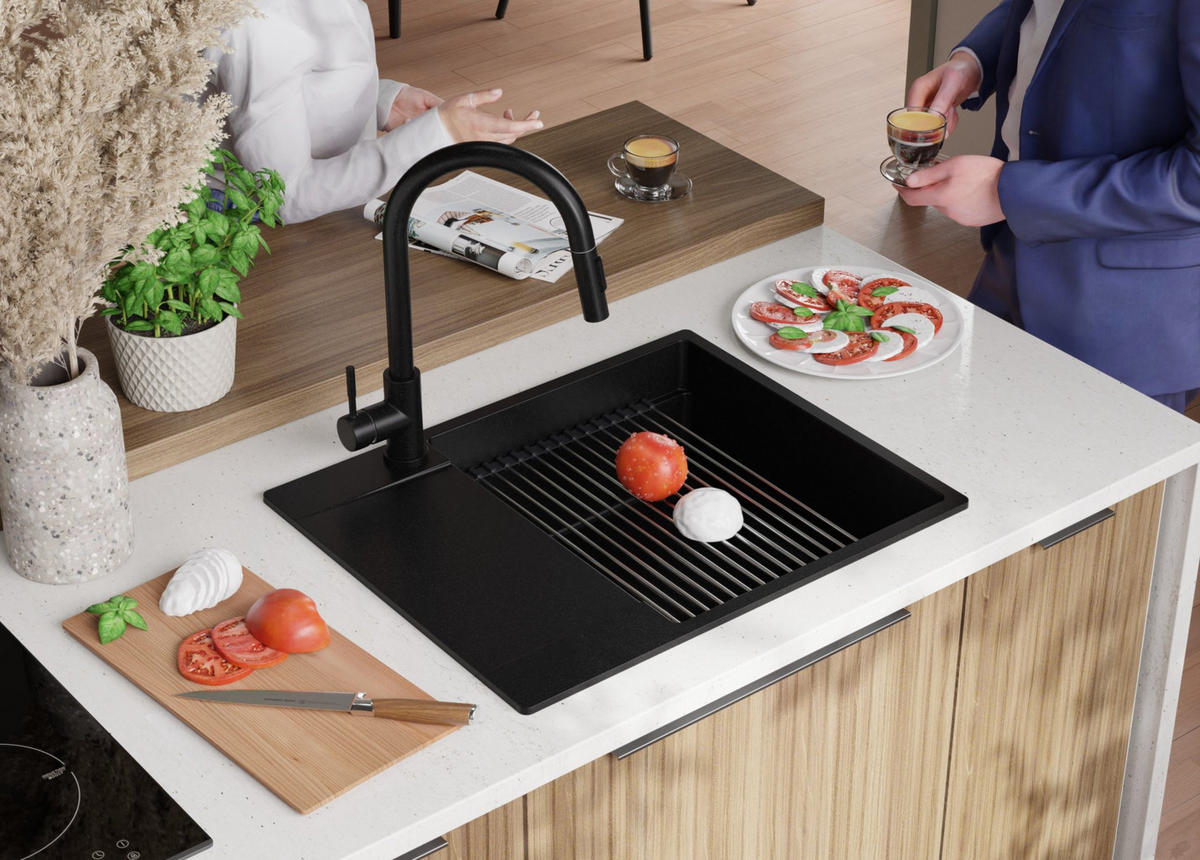 SPÜLBECKEN San Francisco, 2-er set Alles Schwarz 62/50 cm 1 Becken + Ablauf-Set + Aufrollbare Abtropffläche ab 50er Unterschrank - Schwarz, Kunststoff (62/20/50cm) - Primagran