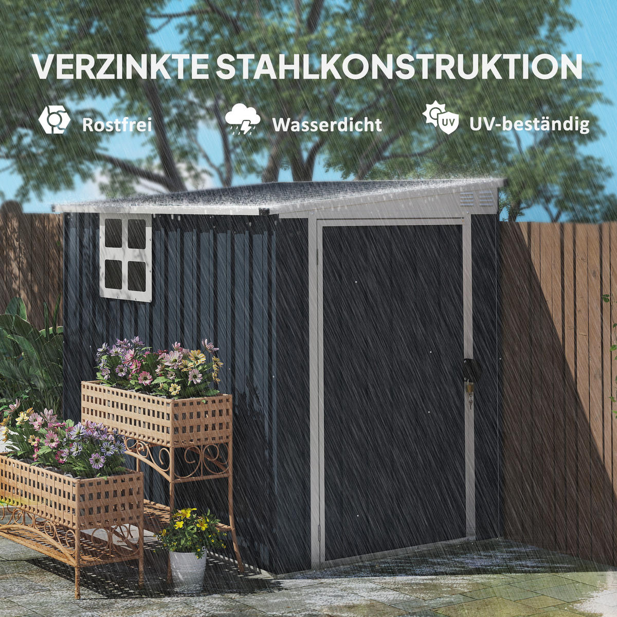 GARTENLAGERSCHUPPEN DE-08171 mit Fenster & Lüftung, abschließbar Dunkelgrau - Dunkelgrau, Metall (128/181/193cm) - ComfortXL