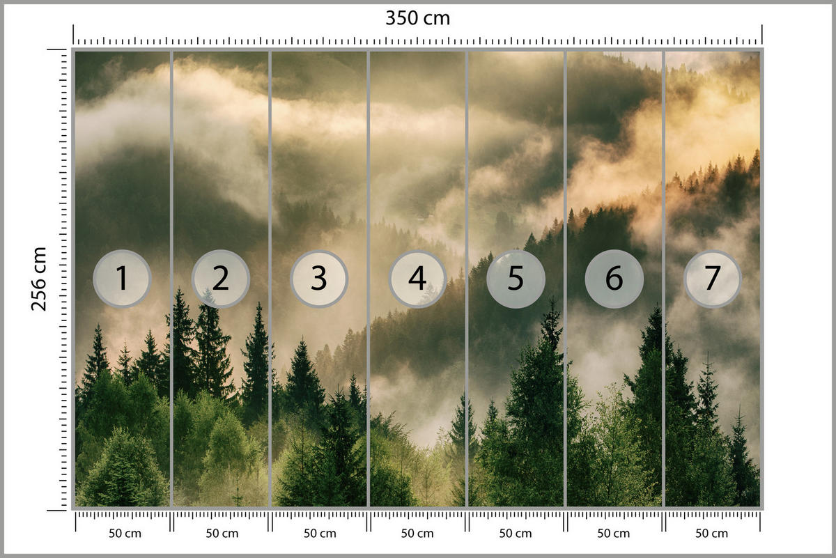 FOTOTAPETE für Wohnzimmer Neblige Landschaft Bergwald Nadelbäume 350x256 - Gelb/Orange, Papier (350/256cm) - Muralo