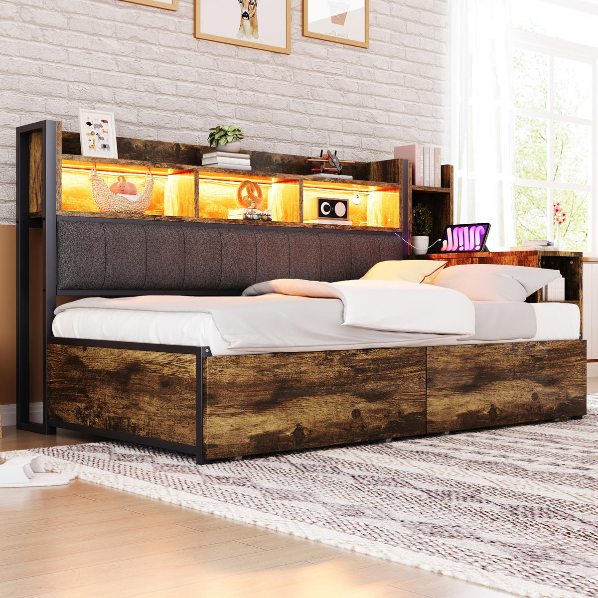 MULTIFUNKTIONSBETT 90/200 cm mit Schreibtisch und Stauraum Holzfarbe aus Metall - Naturfarben, Metall (90/200cm) - OKWISH
