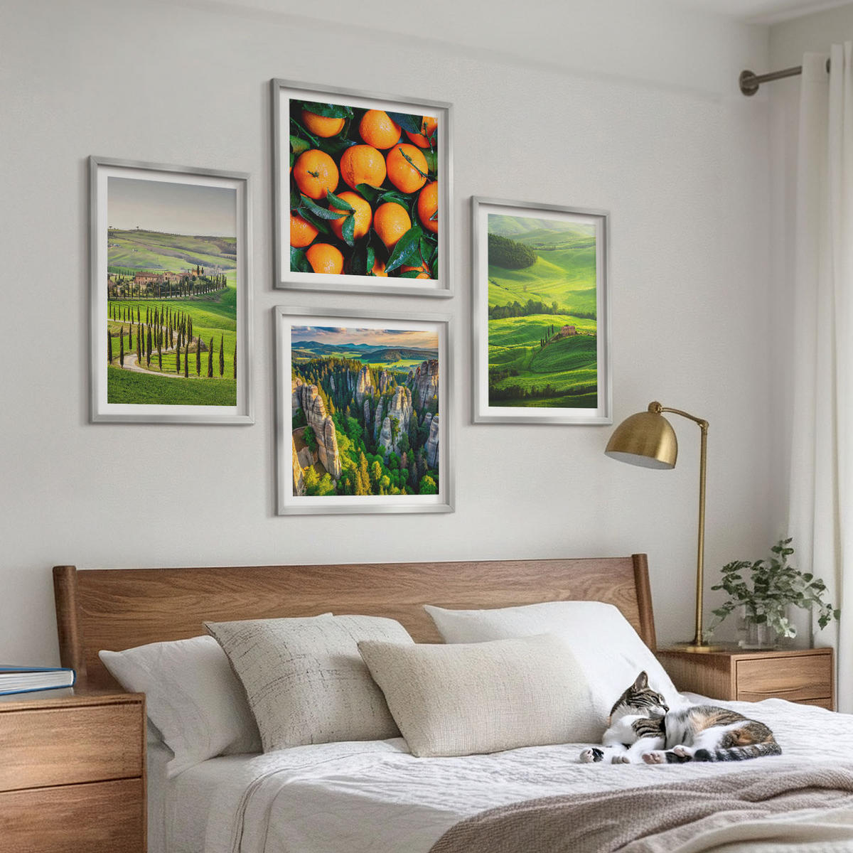 BILDER SET 4er Set - 50x50 cm & 40x60 cm Silberner Rahmen - Italienische Landschaft Orangen Natur - Silberfarben, Kunststoff (50/50cm) - TULUP