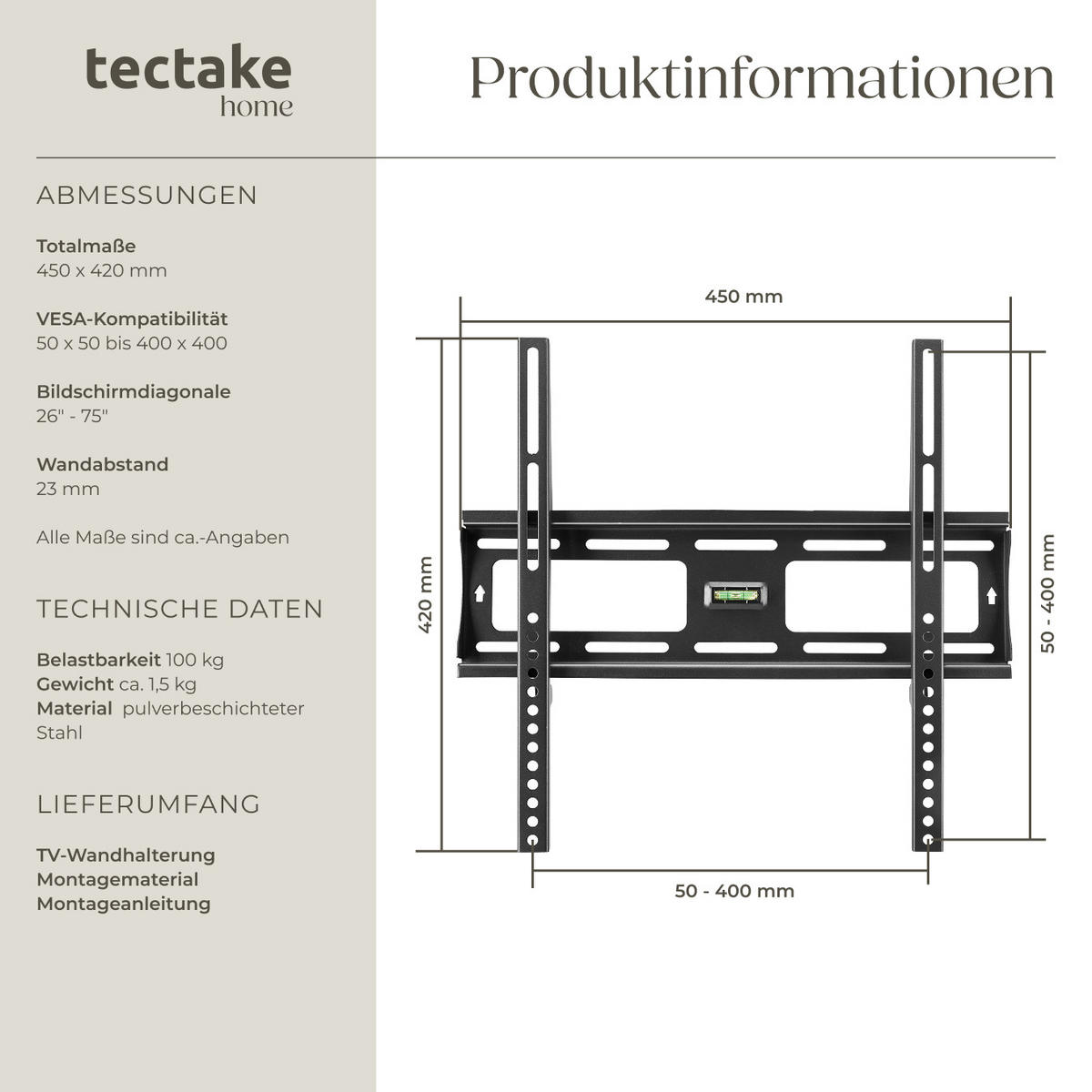 TV-WANDHALTERUNG, bis 100 kg,schwarz - Schwarz, Metall (45/42/40cm) - tectake