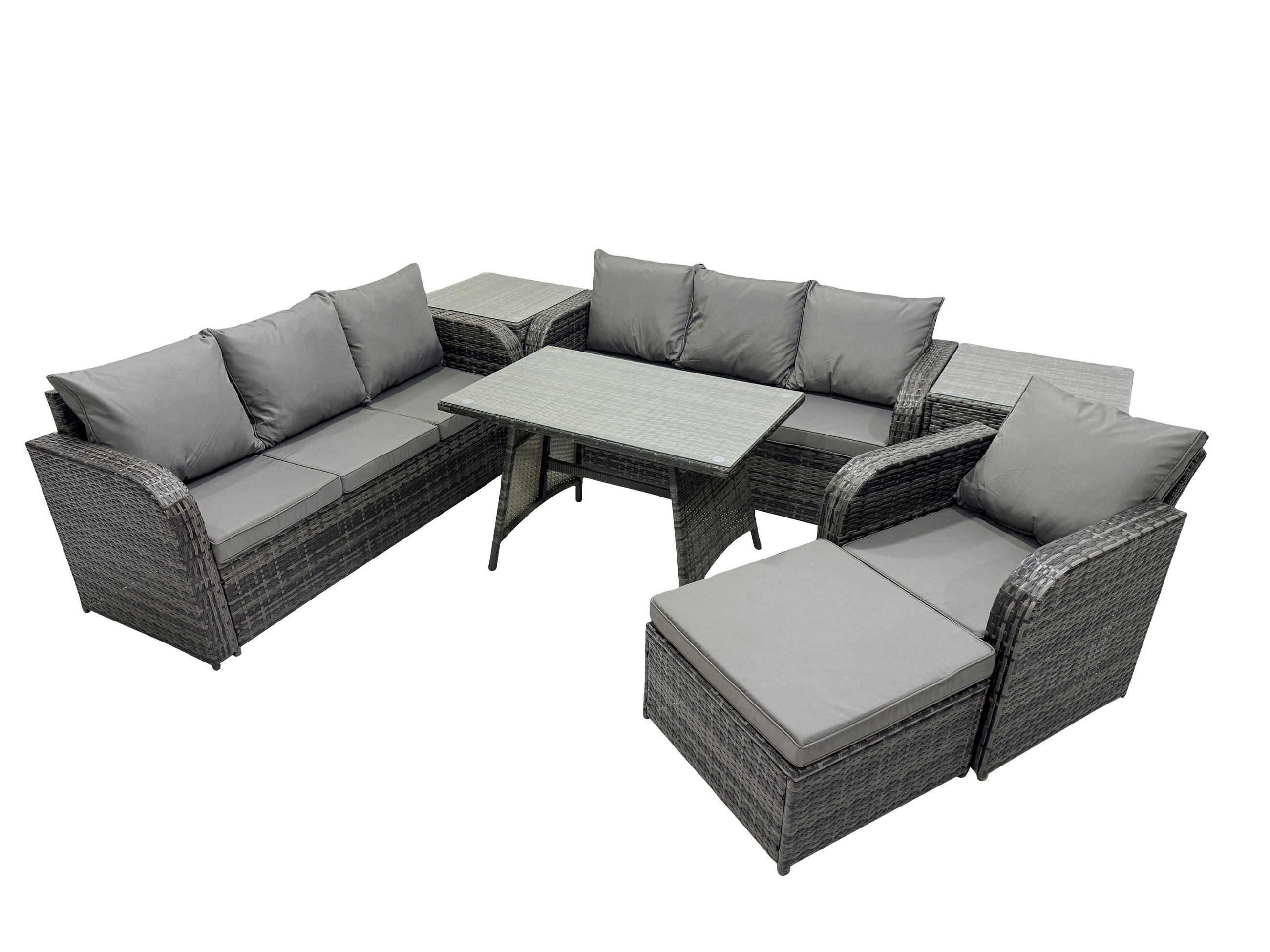 GARTENSET Hohe Rückenlehne Polyrattan 8-Sitzer - Dunkelgrau/Grau, Glas/Kunststoff - Fimous