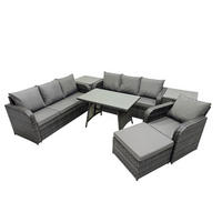 GARTENSET Hohe Rückenlehne Polyrattan 8-Sitzer - Dunkelgrau/Grau, Glas/Kunststoff - Fimous