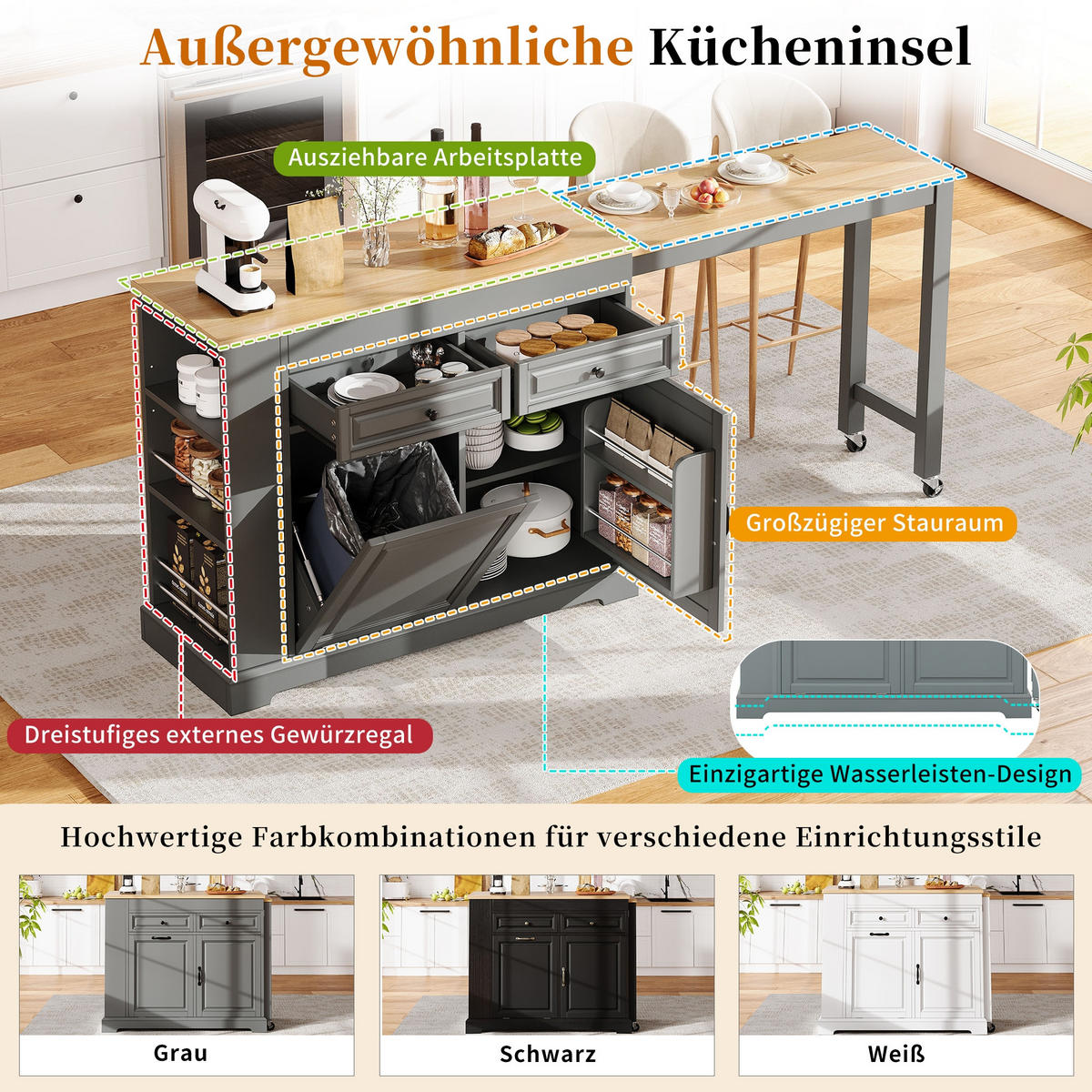 KÜCHENINSEL 112-180/45.2/92 cm Grau mit 2 Schubladen, Abfallbehälterfach und Rollen - Grau, Holz (45/92/116cm) - Oxeza