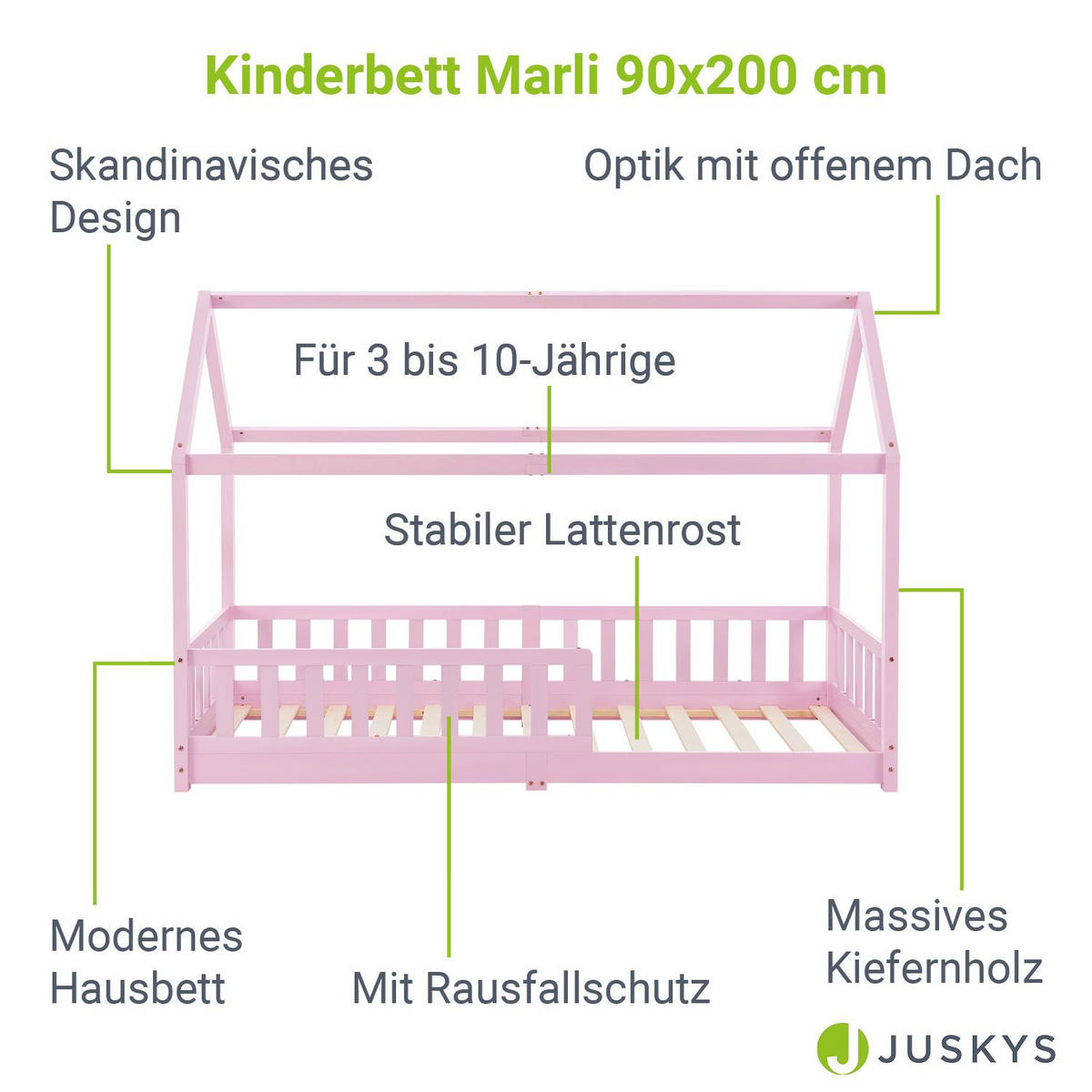 KINDERBETT Marli mit Matratze rosa 90x200 cm - Rosa, Holz (90/200cm) - Juskys