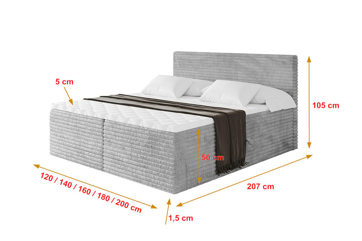 BOXBETT mit Matratze H3 und Lattenrost - TOLO-v1 - 120x200 Cord - Hellgrau - Hellgrau, Holzwerkstoff (120/200cm)