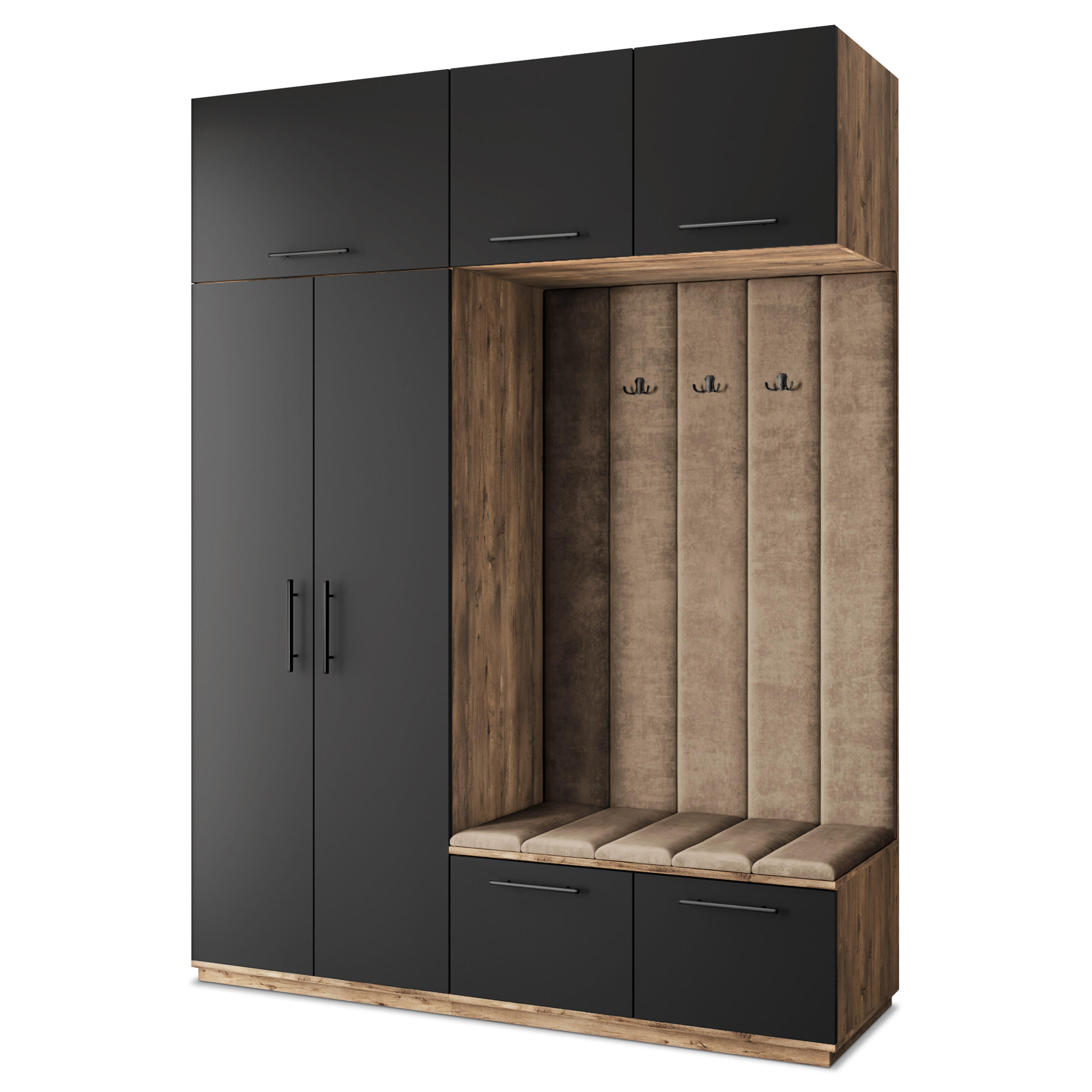 Masseno Garderobenschrank Eiche, Schwarz, Mokka 180x240x60 cm