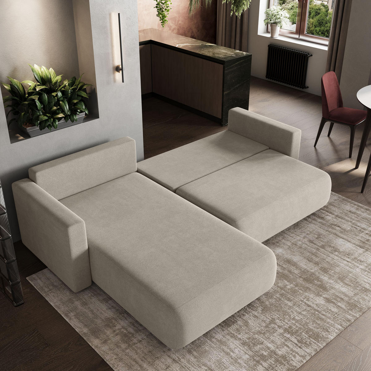 ECKSOFA TURIN Beige Geflochtener Stoff mit Schlaffunktion - Beige, Holz (265/183cm) - MASSENO