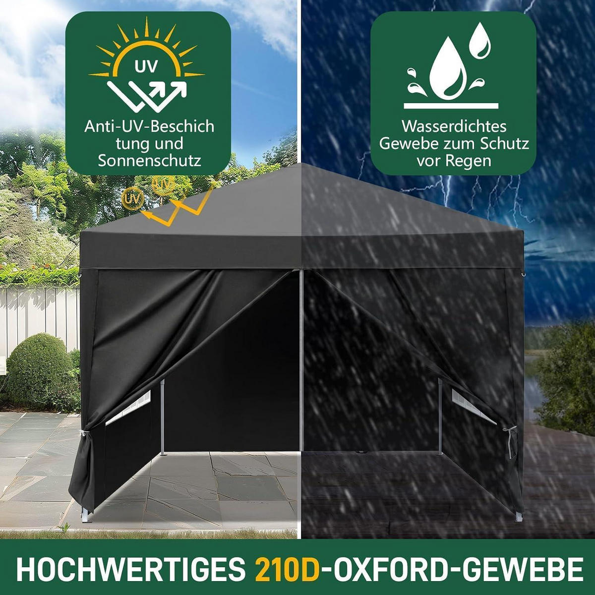 FALTPAVILLON 3 x 3 m mit 4 Seitenteilen Schwarz - Schwarz, Textil (300/255/300cm)