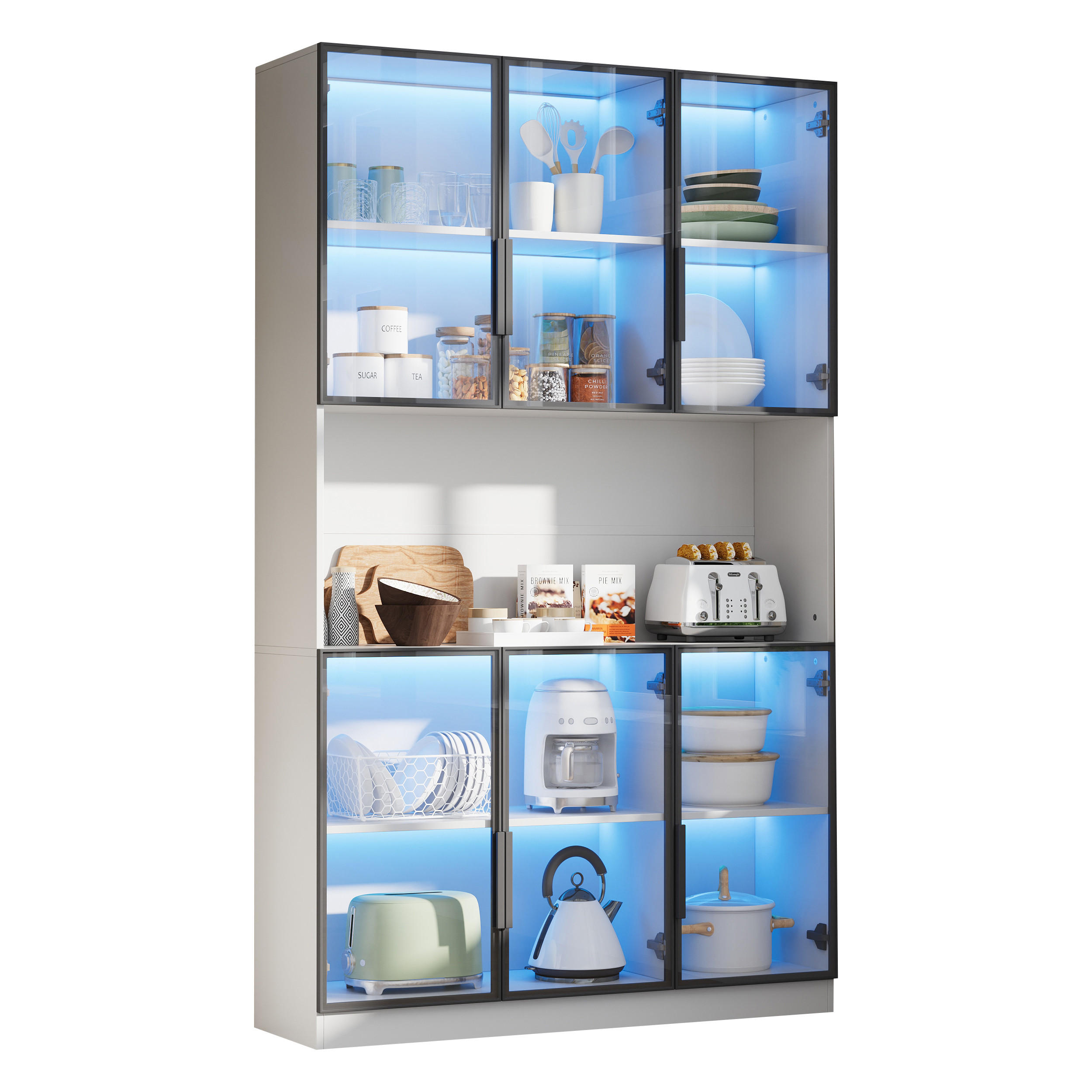 VITRINE in Weiß Highboard mit 6 Türen, LED & Glasfront, Hochschrank für Wohnzimmer/Esszimmer, B120/T34/H200cm - Weiß, Glas/Holzwerkstoff (120/200/34cm) - STILVORA