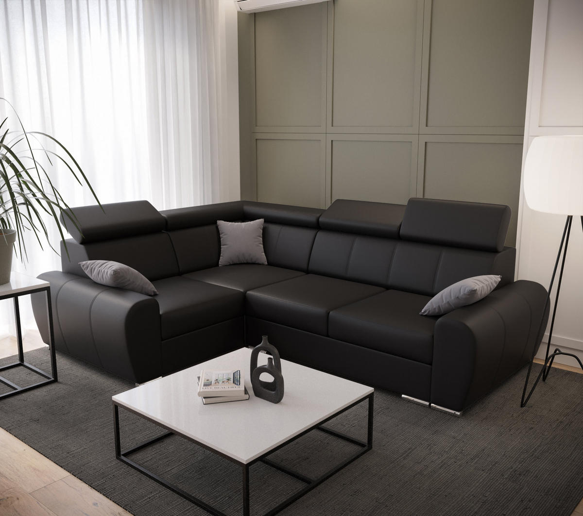 ECKSOFA APOLLO KN08, Eckcouch in L-Form mit Schlaffunktion, Farbe: Schwarz, Kunstleder, Ottomane Links - Schwarz, Textil (255/190cm) - O-Sofa