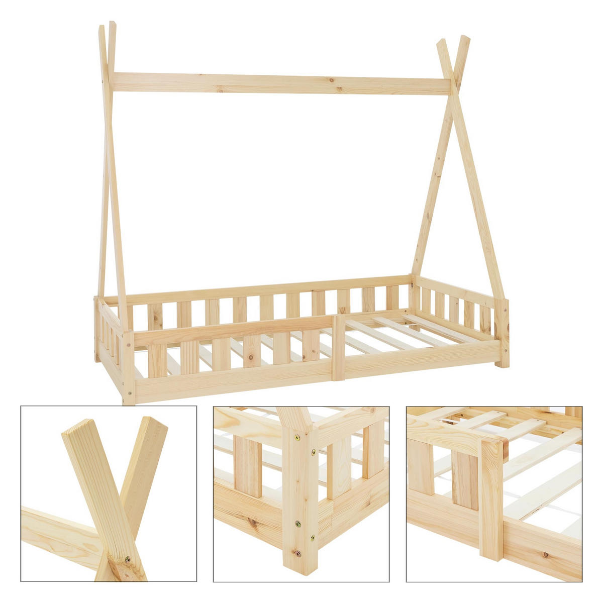 KINDERBETT Tipi mit Matratze 80x160 cm Natur - Naturfarben, Holz (80/160cm) - ML-DESIGN